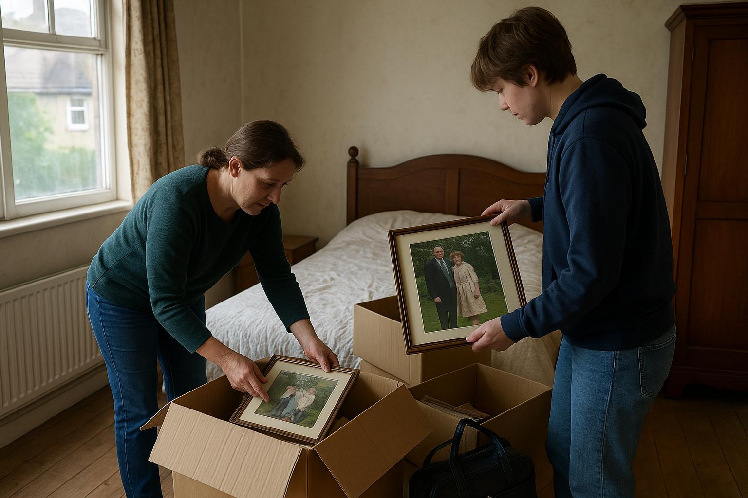Family members sorting through boxes and framed photographs in a bedroom before a clearance