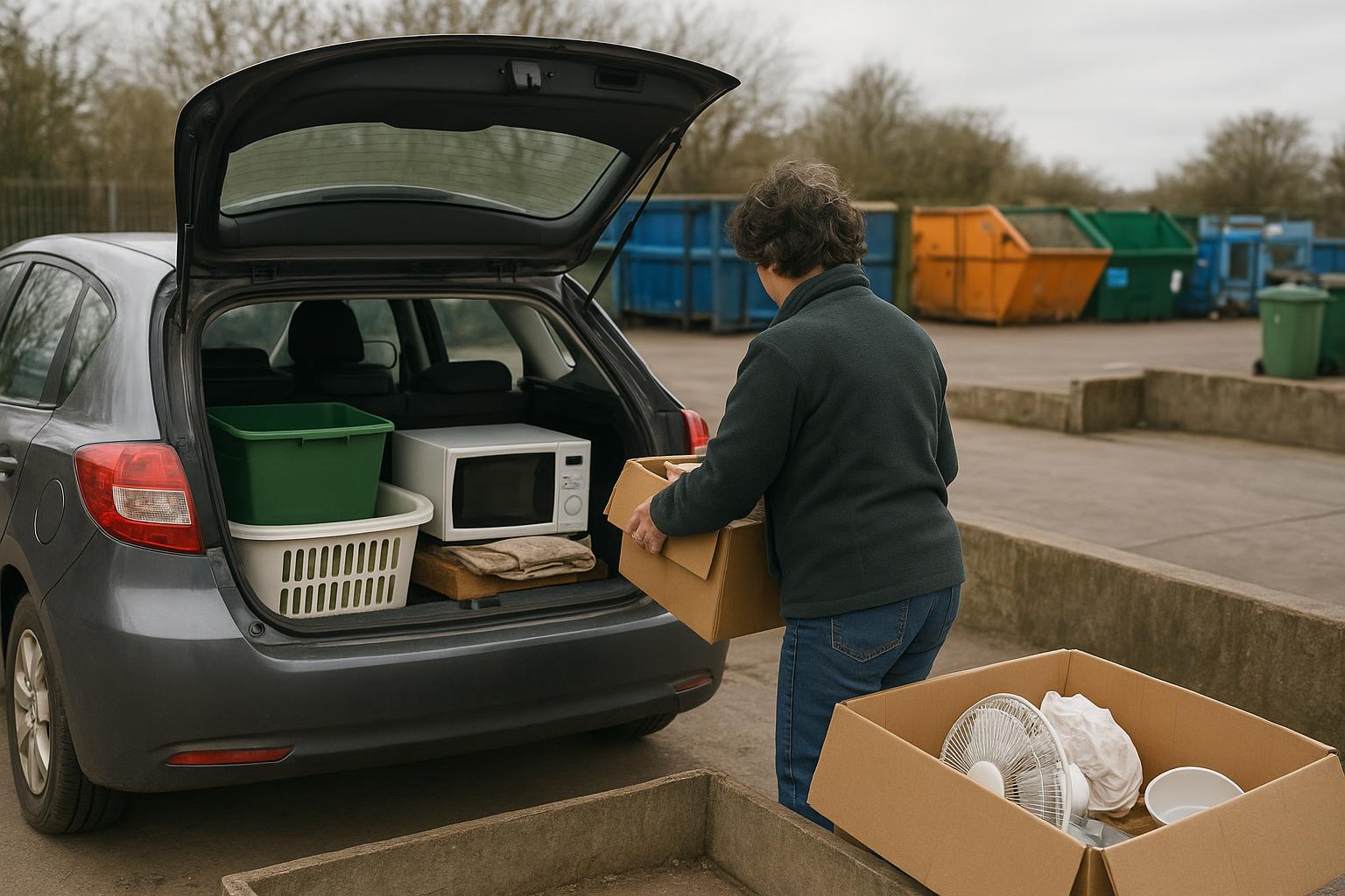 A car boot open with household items being unloaded at a recycling centre sorting area