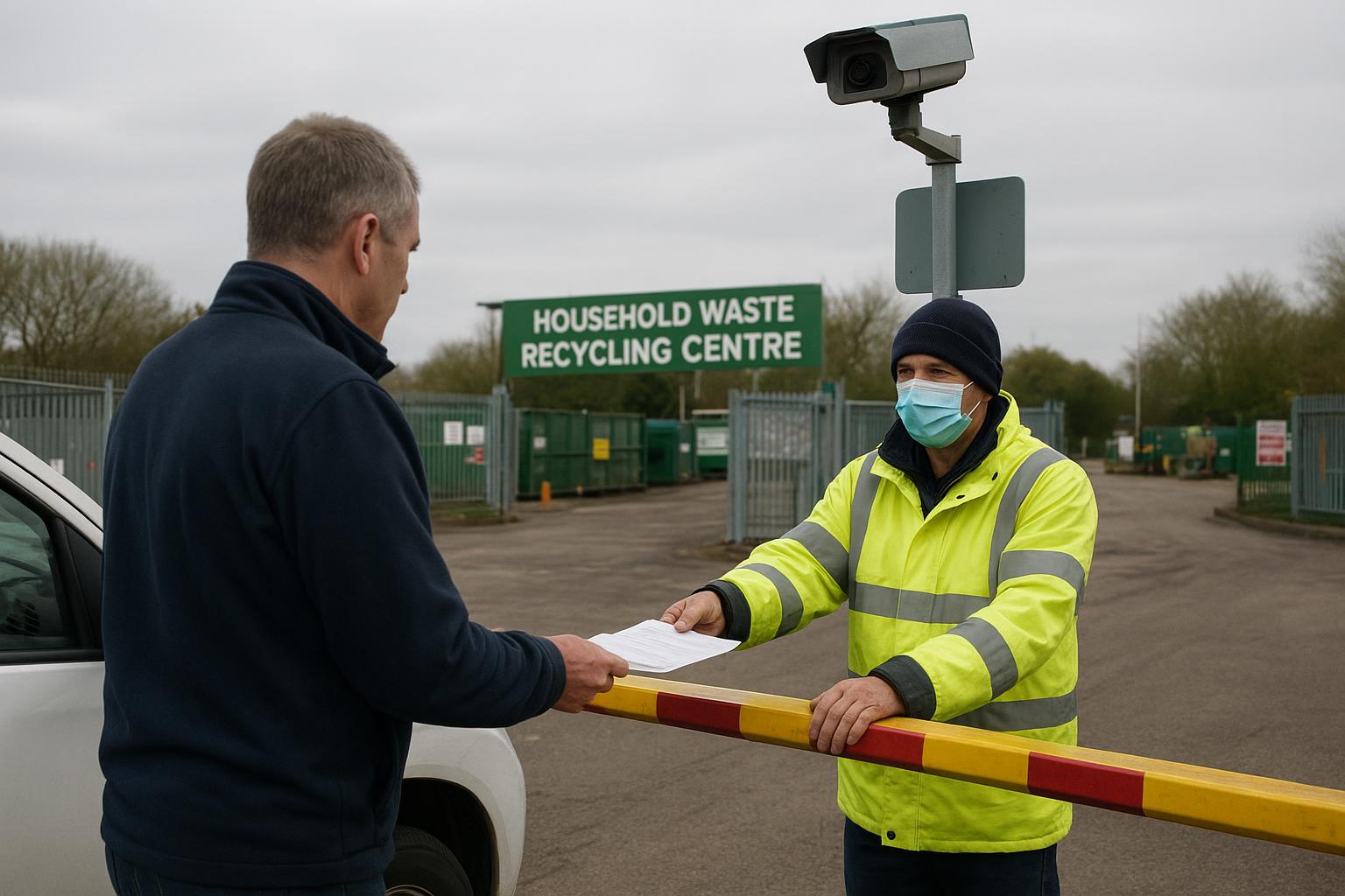 A resident handing proof of address paperwork to a site attendant at a recycling centre vehicle entrance