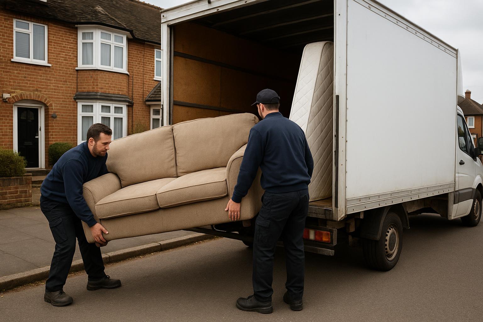 A man-and-van clearance crew loading a sofa and mattress into a van outside a terraced house in Hillingdon