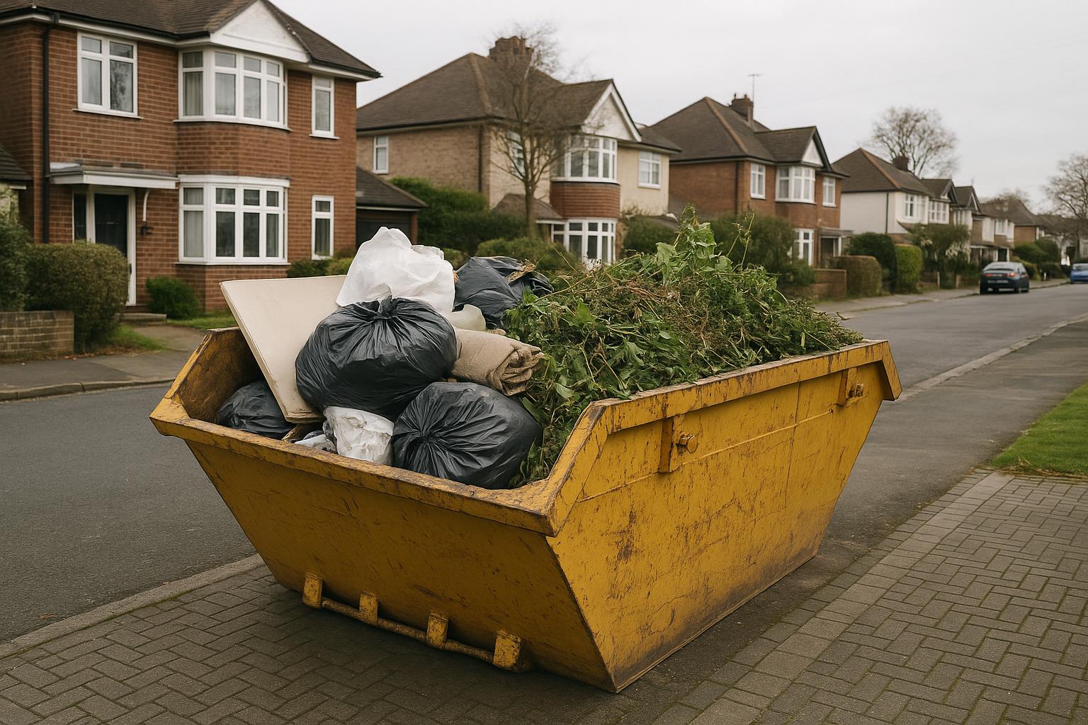 A builder's skip on a residential driveway in Hillingdon, partially filled with household waste and garden clippings