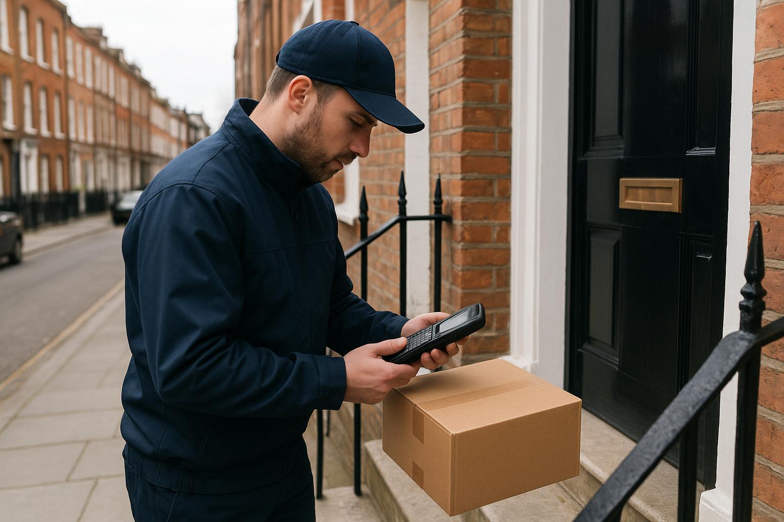 A courier driver collecting a parcel from a London doorstep for same-day delivery