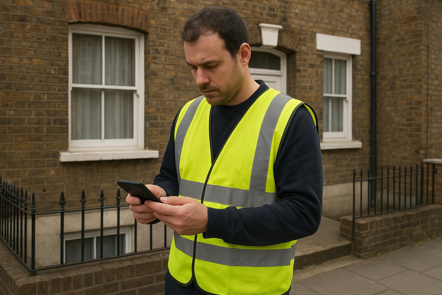 A clearance operator reviewing job photos on a phone outside a London property before confirming a same-day quote