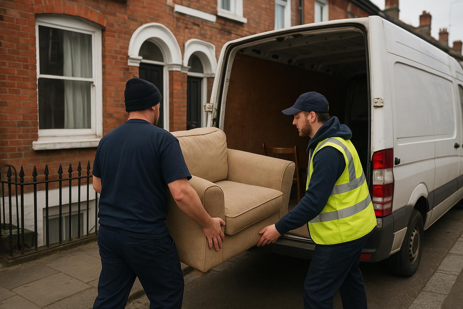 A clearance crew loading furniture into a van outside a London terraced house on an urgent same-day job