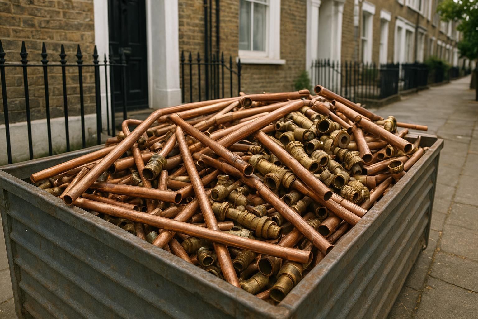 Copper piping and brass fittings sorted in a crate for scrap collection at a London property