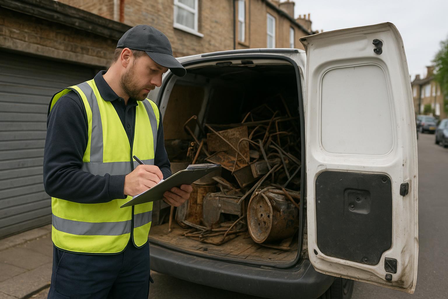 A licensed collector checking a clipboard before loading scrap metal from a London garage into a van