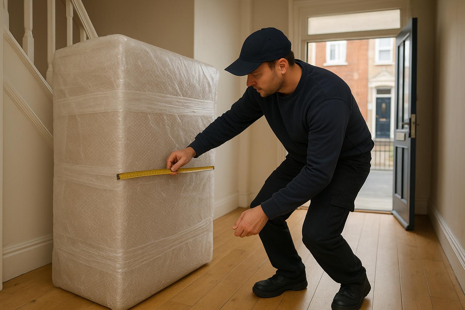 A person measuring a large wrapped item of furniture with a tape measure before booking a courier