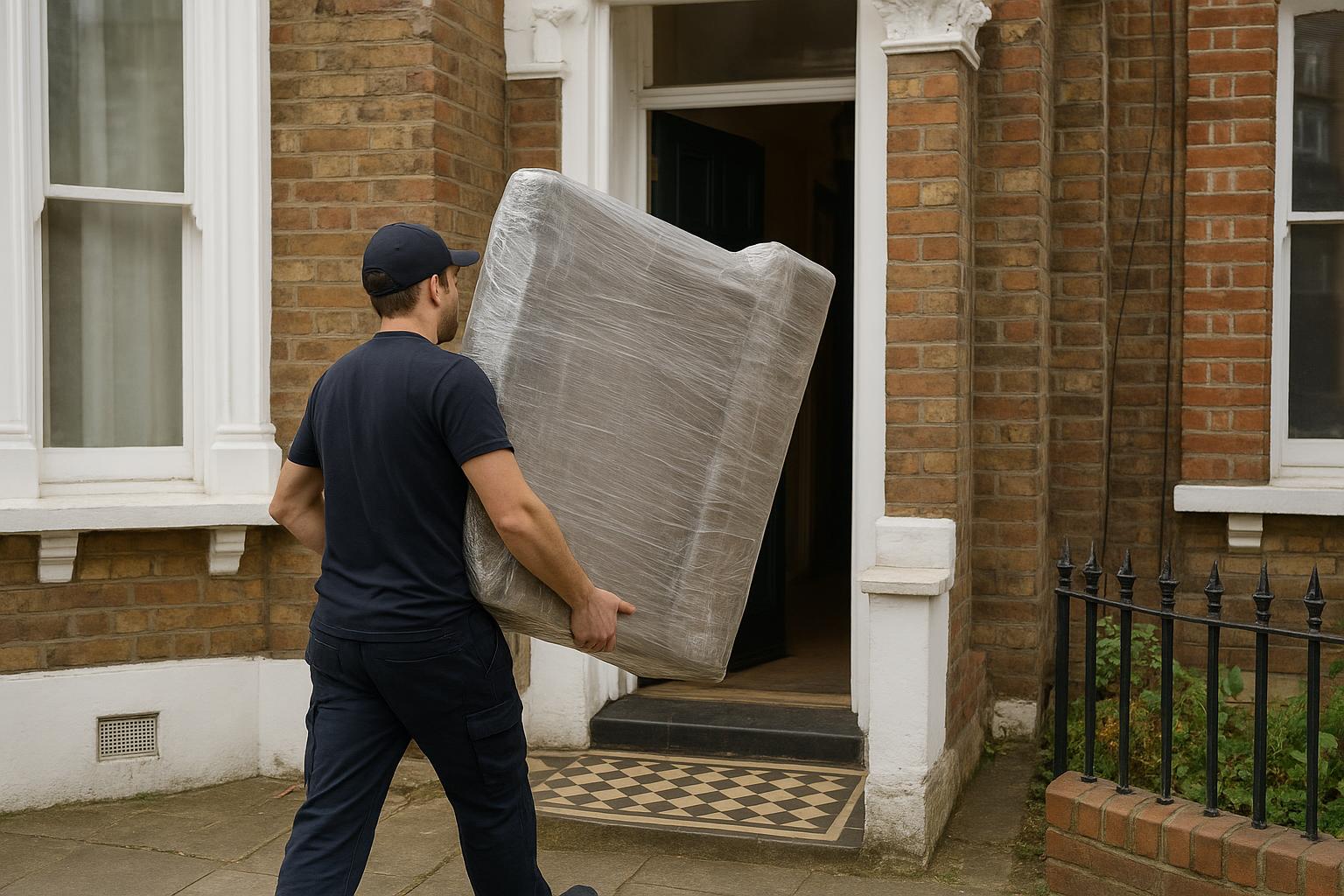 A man-and-van operator carrying a large wrapped piece of furniture into a London house