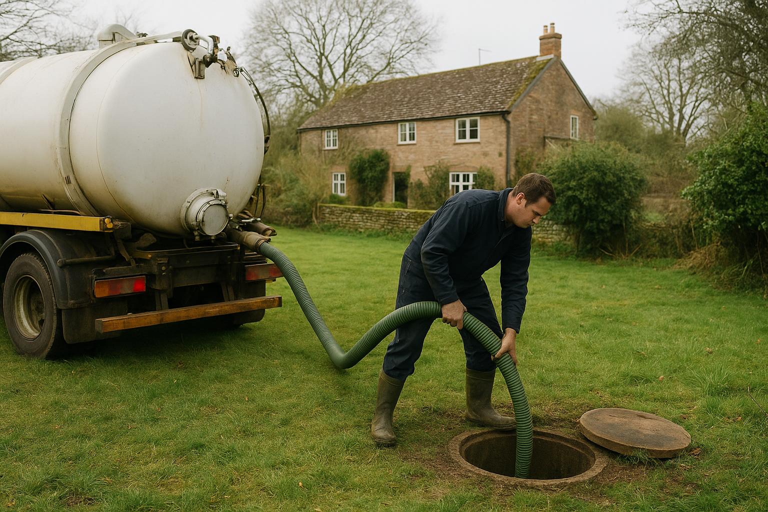 A tanker vehicle with hose connected pumping out a residential septic tank in a rural UK garden