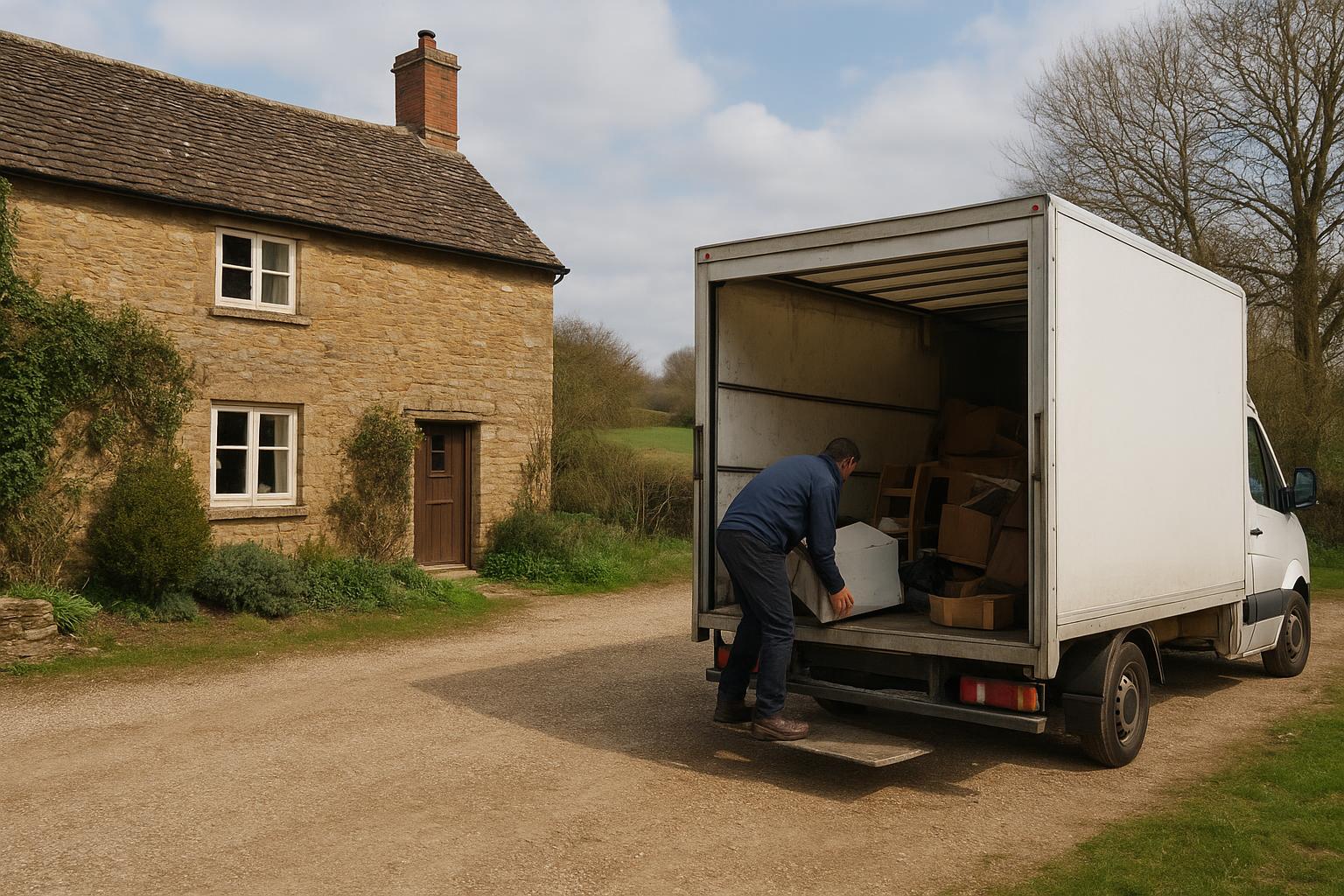 A rural UK property with a van parked in the driveway during a house clearance