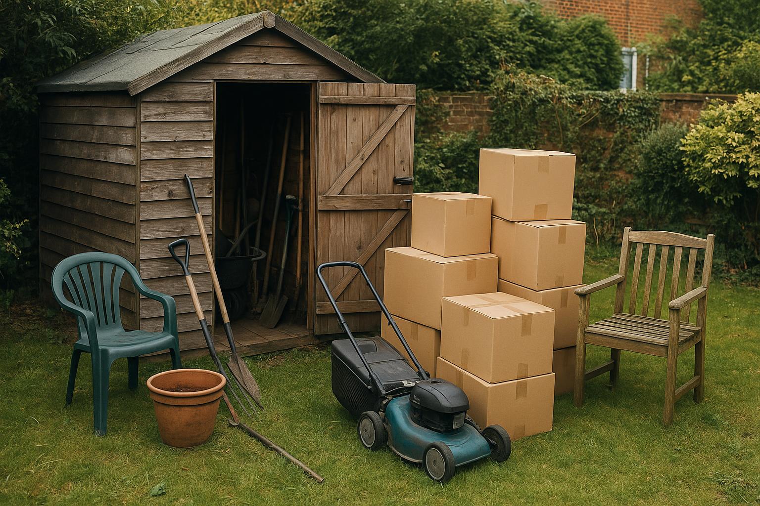 A garden shed with tools and boxed items stacked outside during a clearance