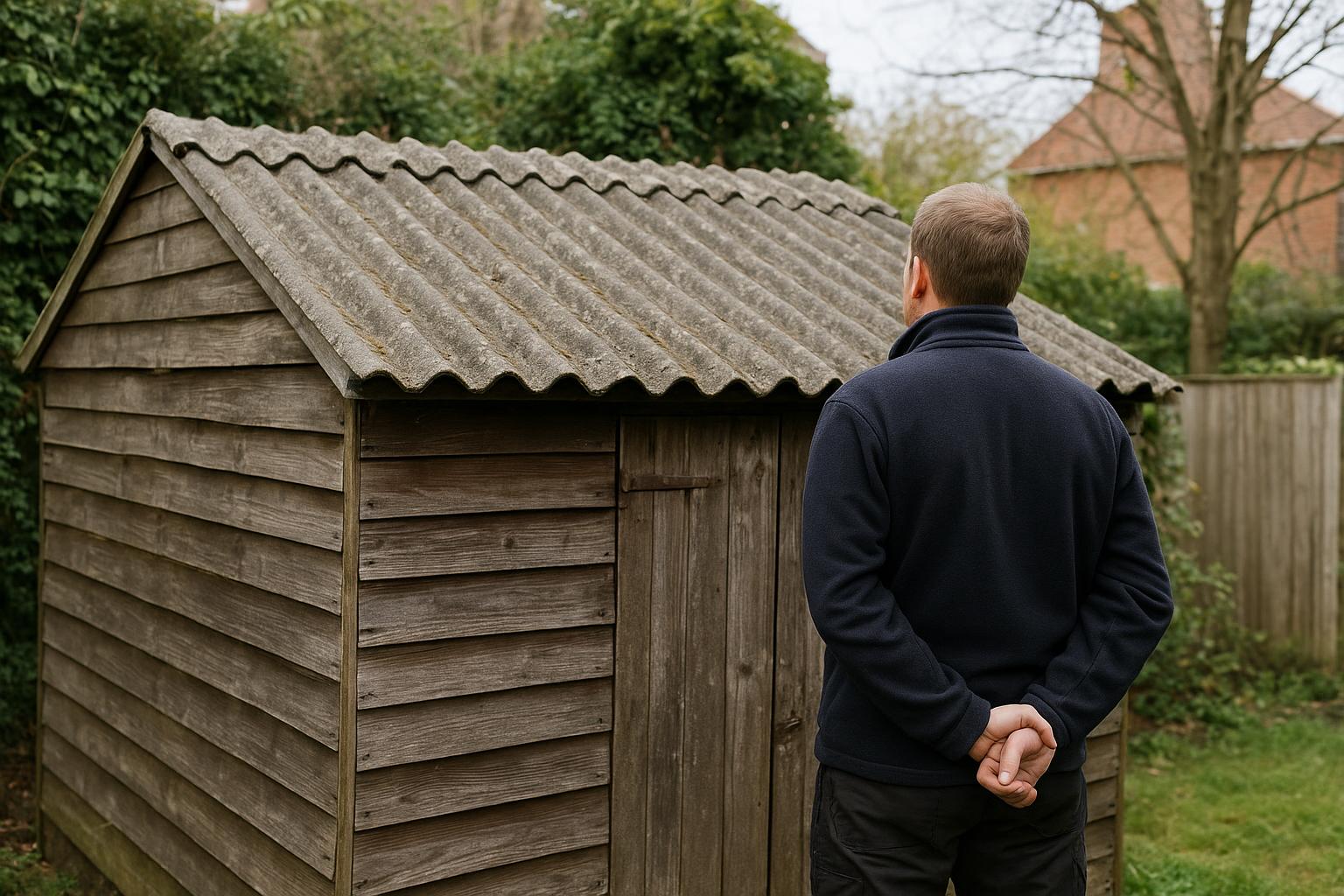 Close-up of older corrugated roofing sheets on a garden shed being inspected before clearance