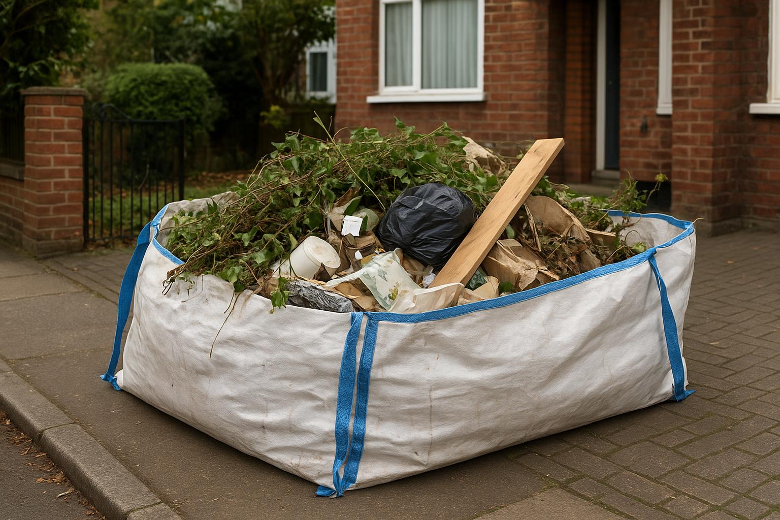 A large reinforced skip bag set up flat on a driveway, partially filled with household waste