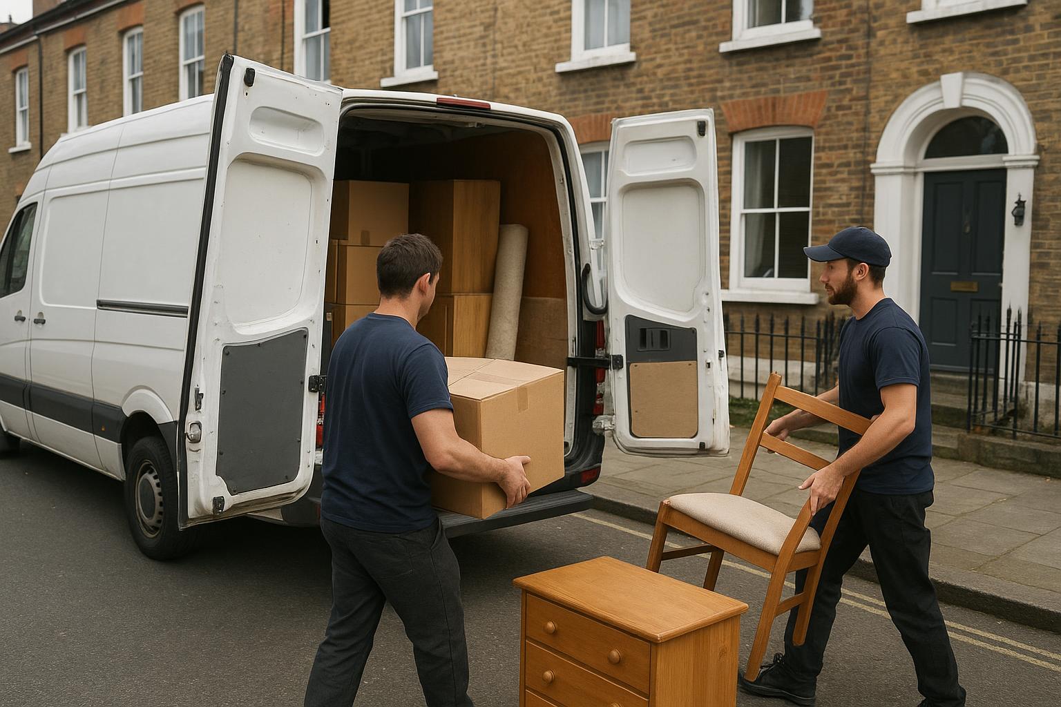 A loaded van parked outside a London house, furniture being carried out for a labour-included clearance