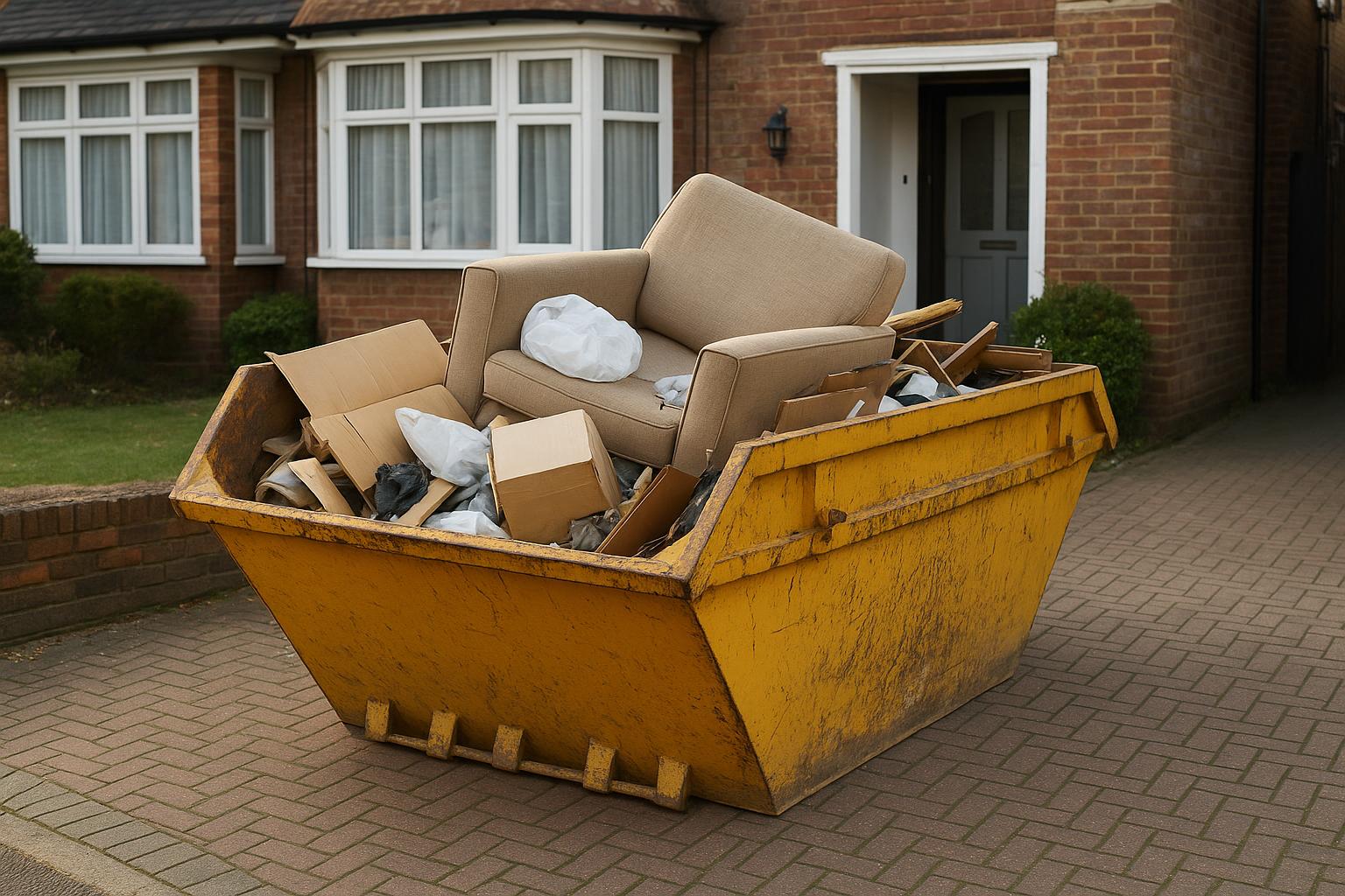 A yellow builder's skip delivered on a London driveway, partially filled with household waste
