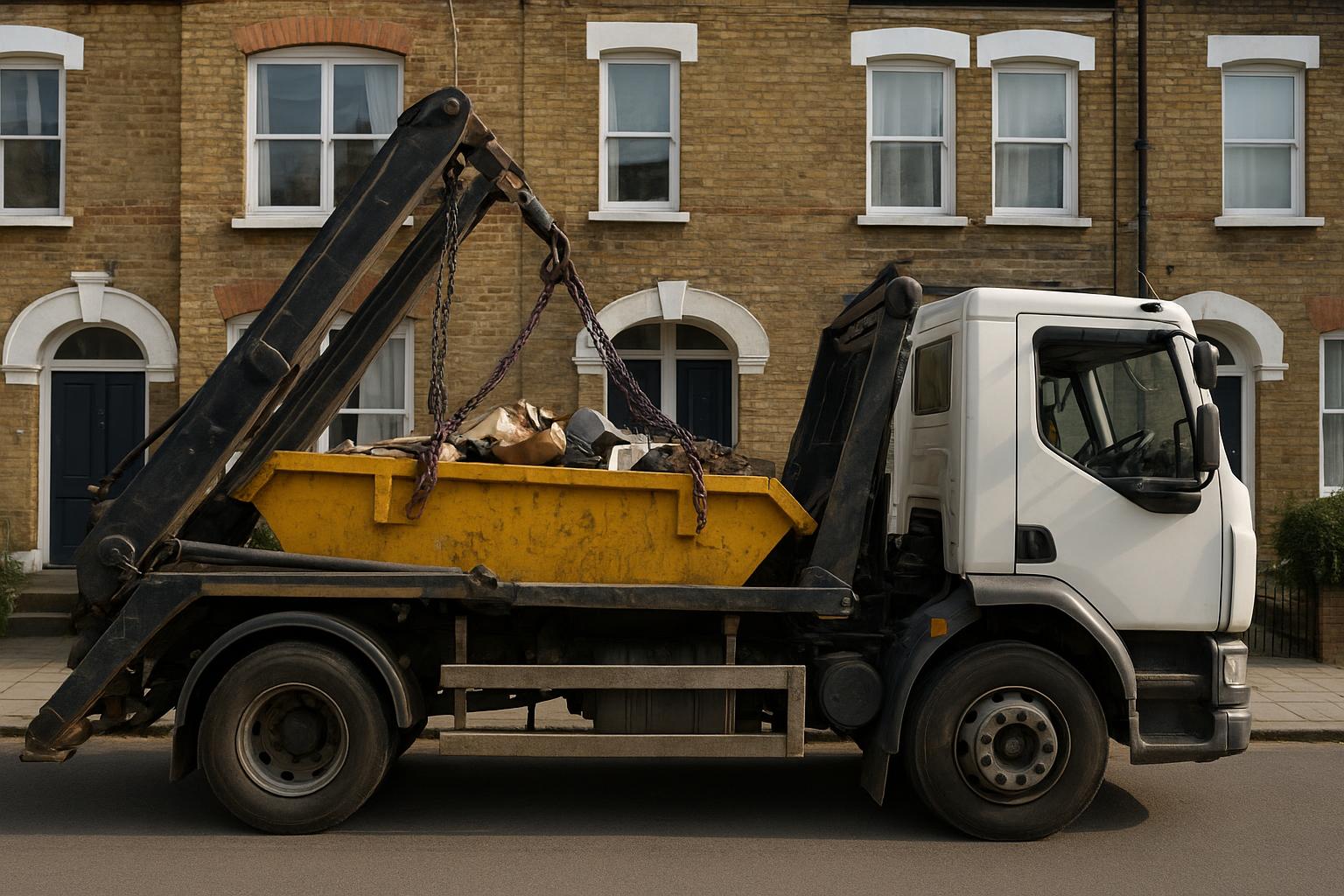 A delivery lorry collecting a full skip from outside a London residential property