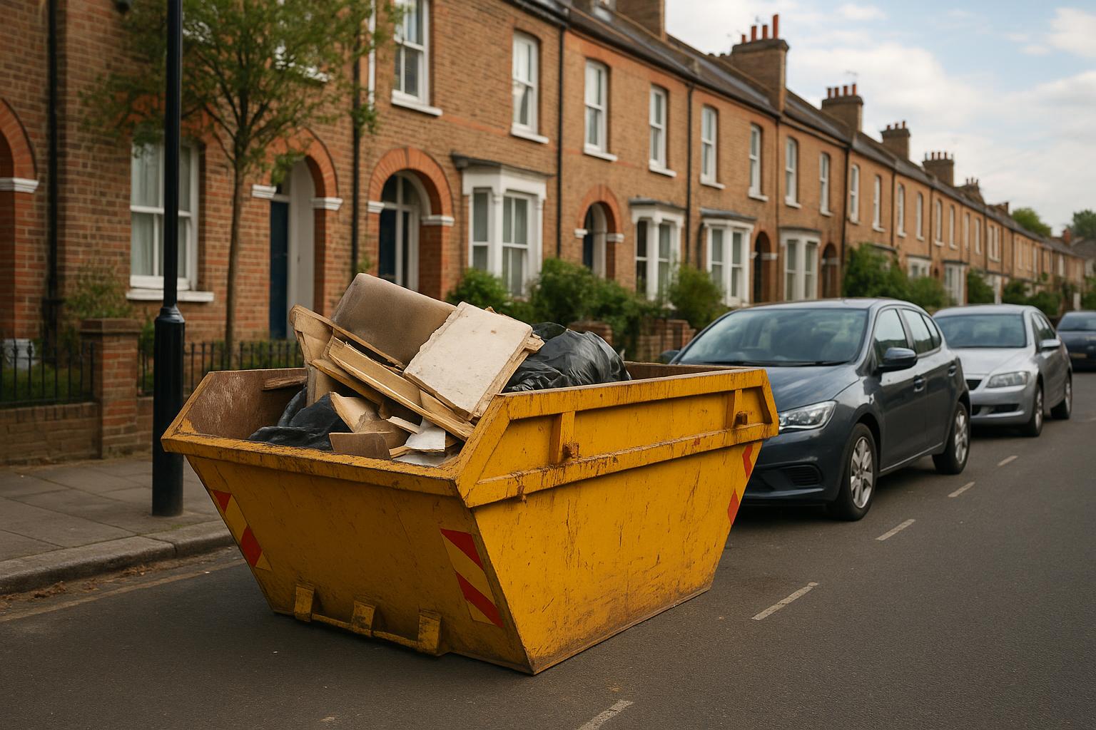 A yellow skip with permit markings and reflective plates placed on a public road in a London street