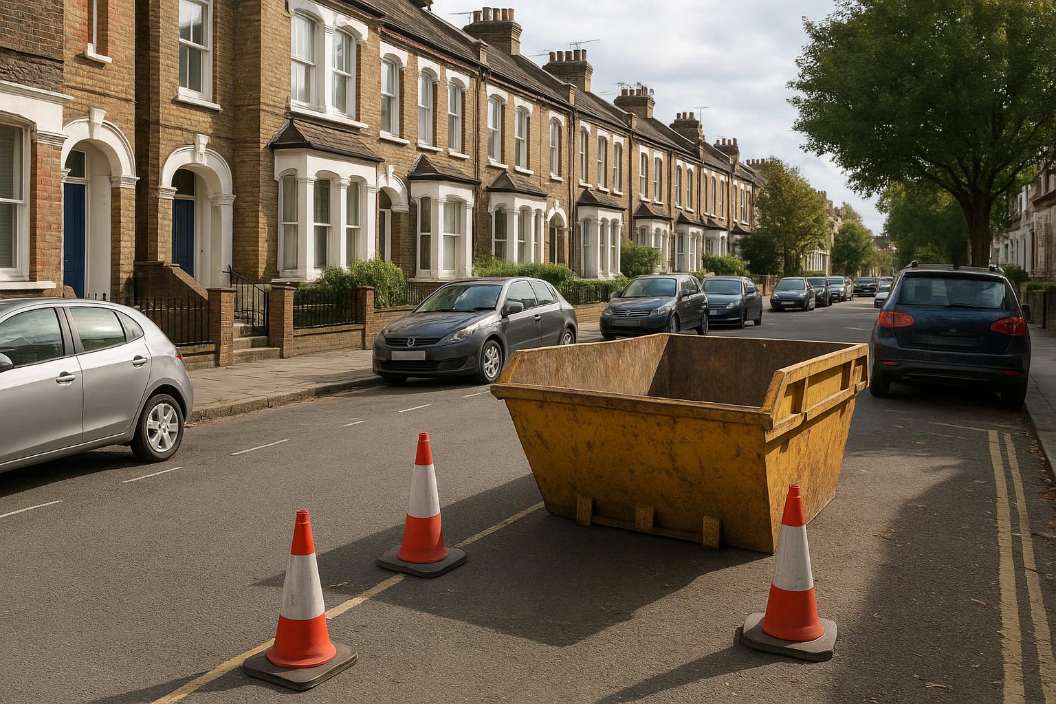 A residential London street with parked cars and a reserved space marked out for a skip delivery