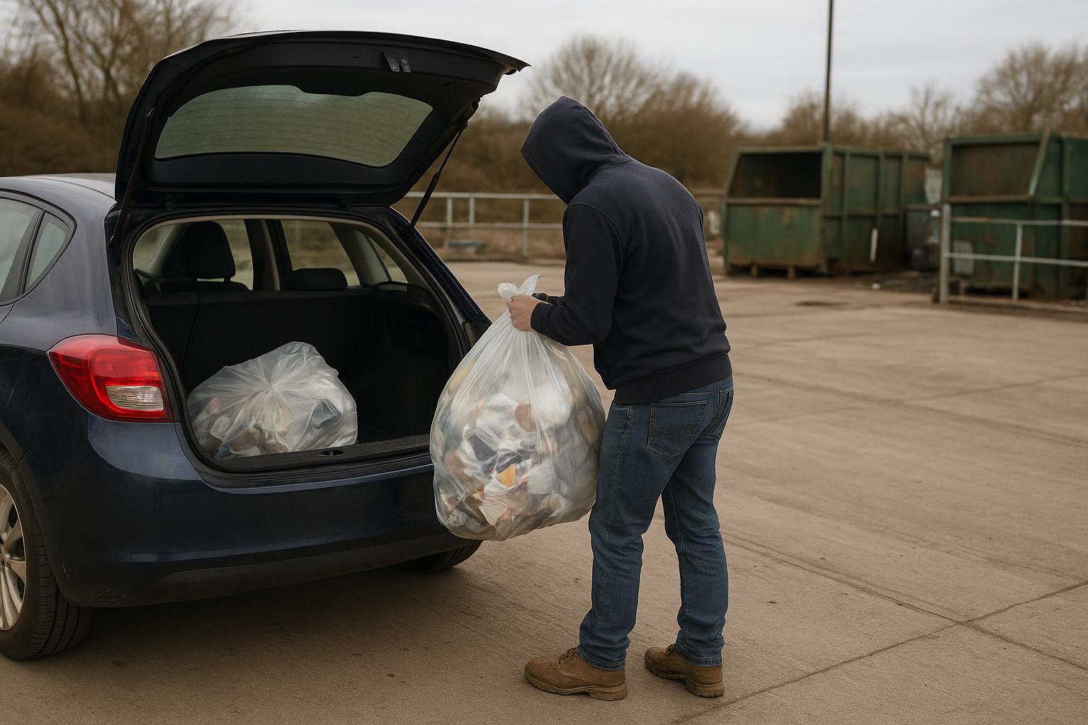 A car boot being unloaded at a household waste recycling centre drop-off point