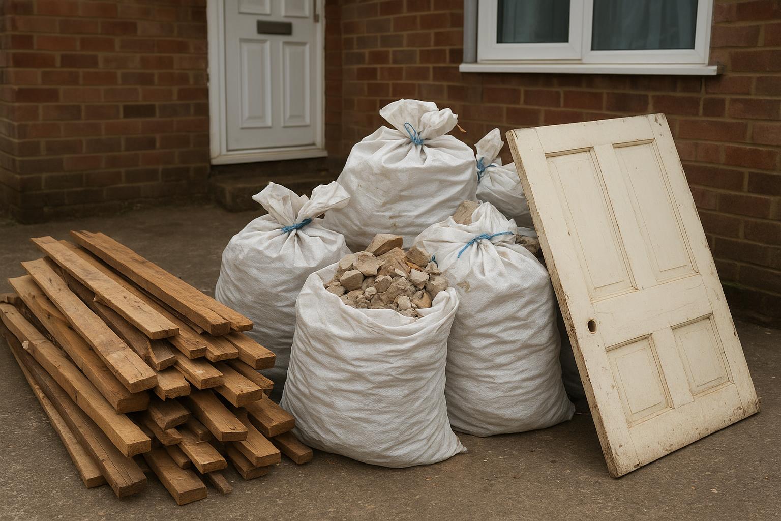 Sorted DIY waste items including timber offcuts and bagged rubble ready to be taken to a recycling centre