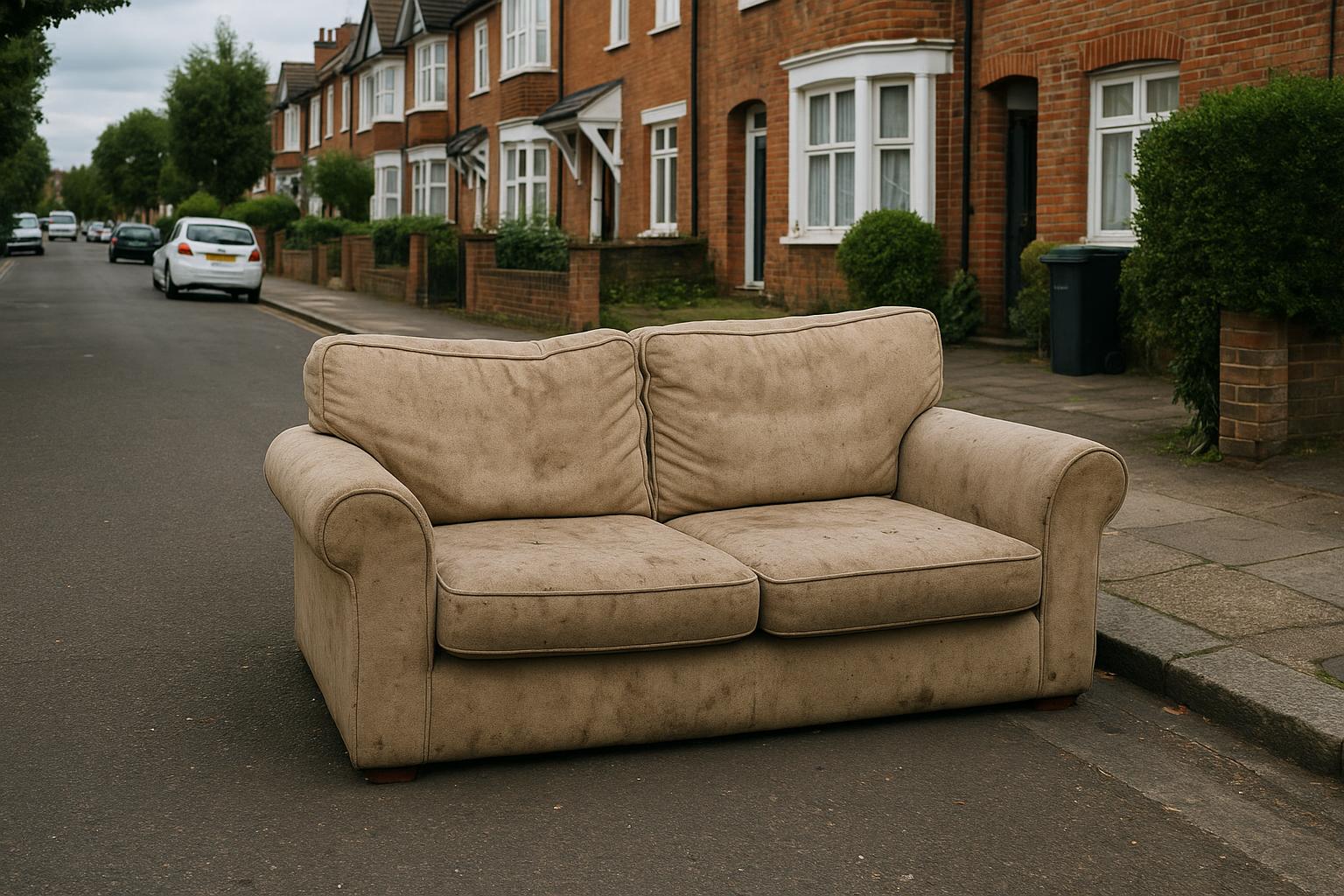 An old sofa placed out at the edge of a driveway in a London residential street, ready for a bulky waste collection