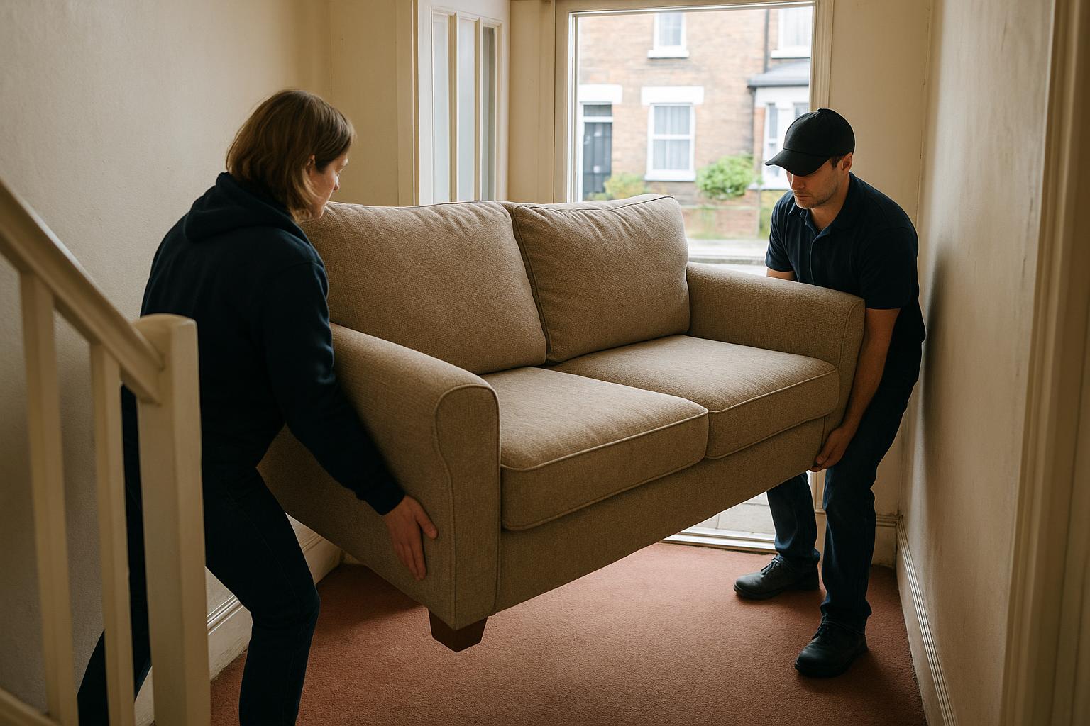 A large sofa being carefully carried through a narrow hallway doorway in a London terraced house