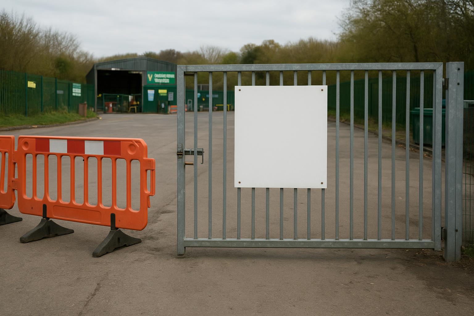 A closed gate with a temporary notice at a household waste recycling centre entrance