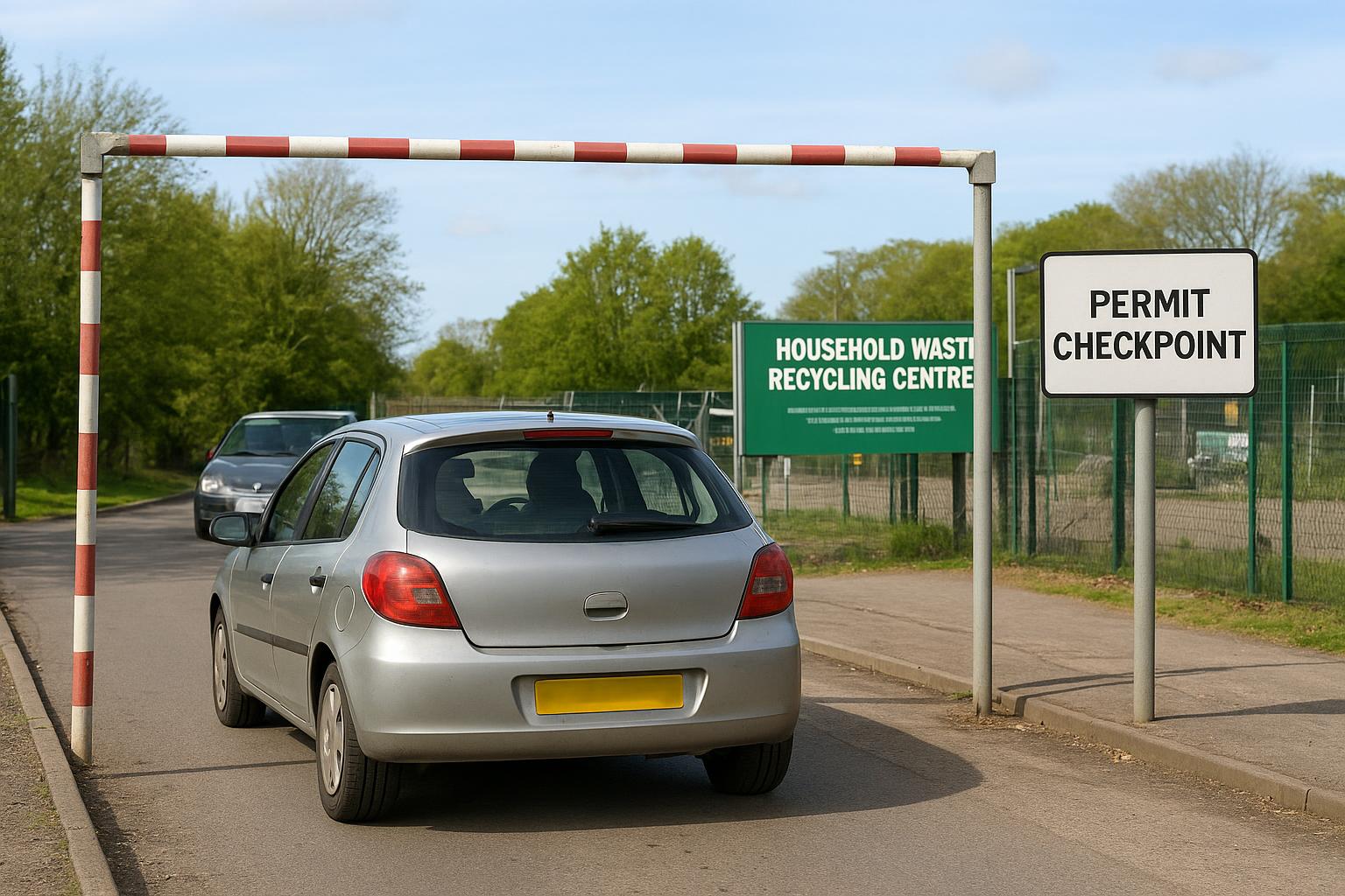 A car queuing at a household waste recycling centre barrier with a permit checkpoint