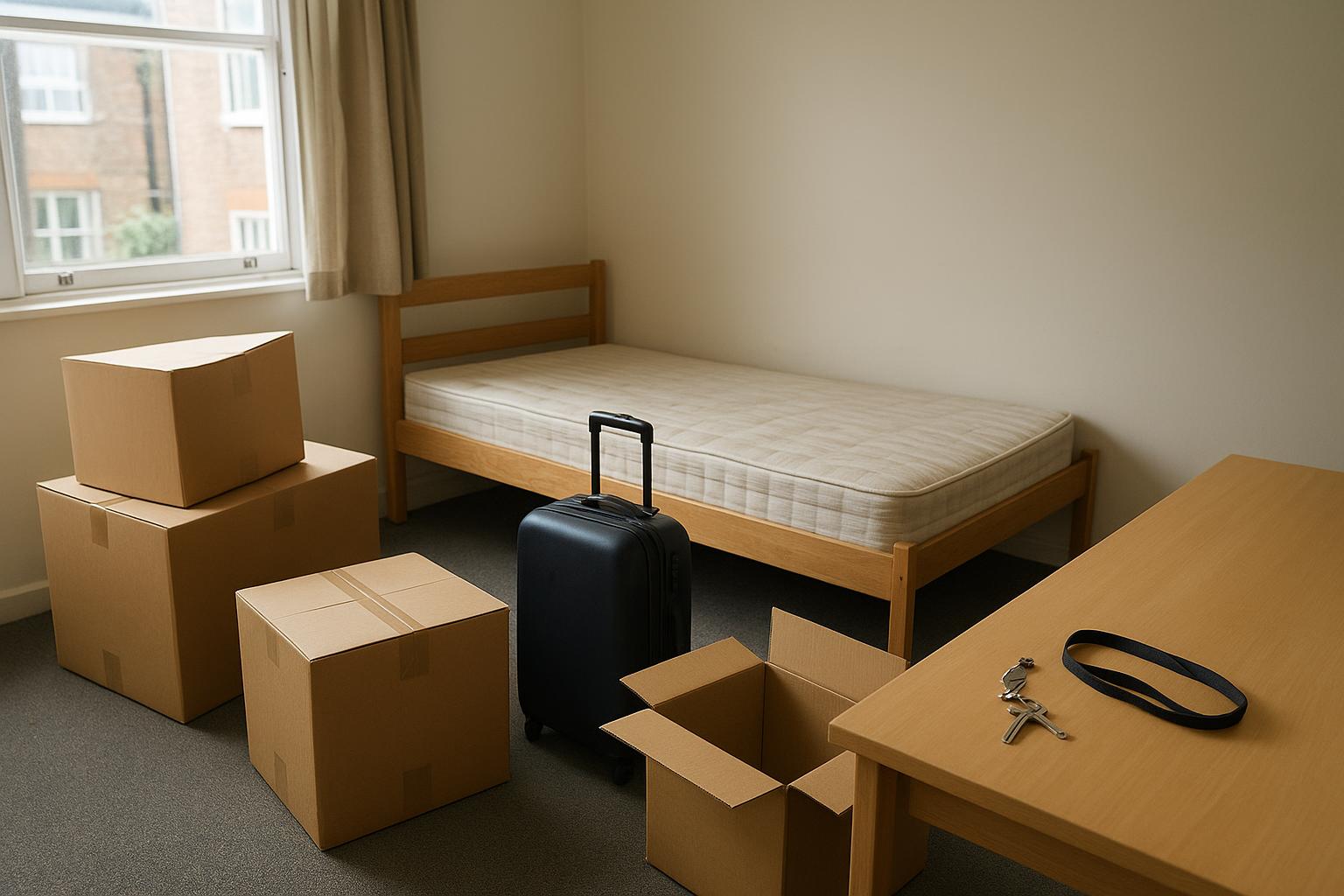 A student halls bedroom being packed up with cardboard boxes, a suitcase and keys on the desk