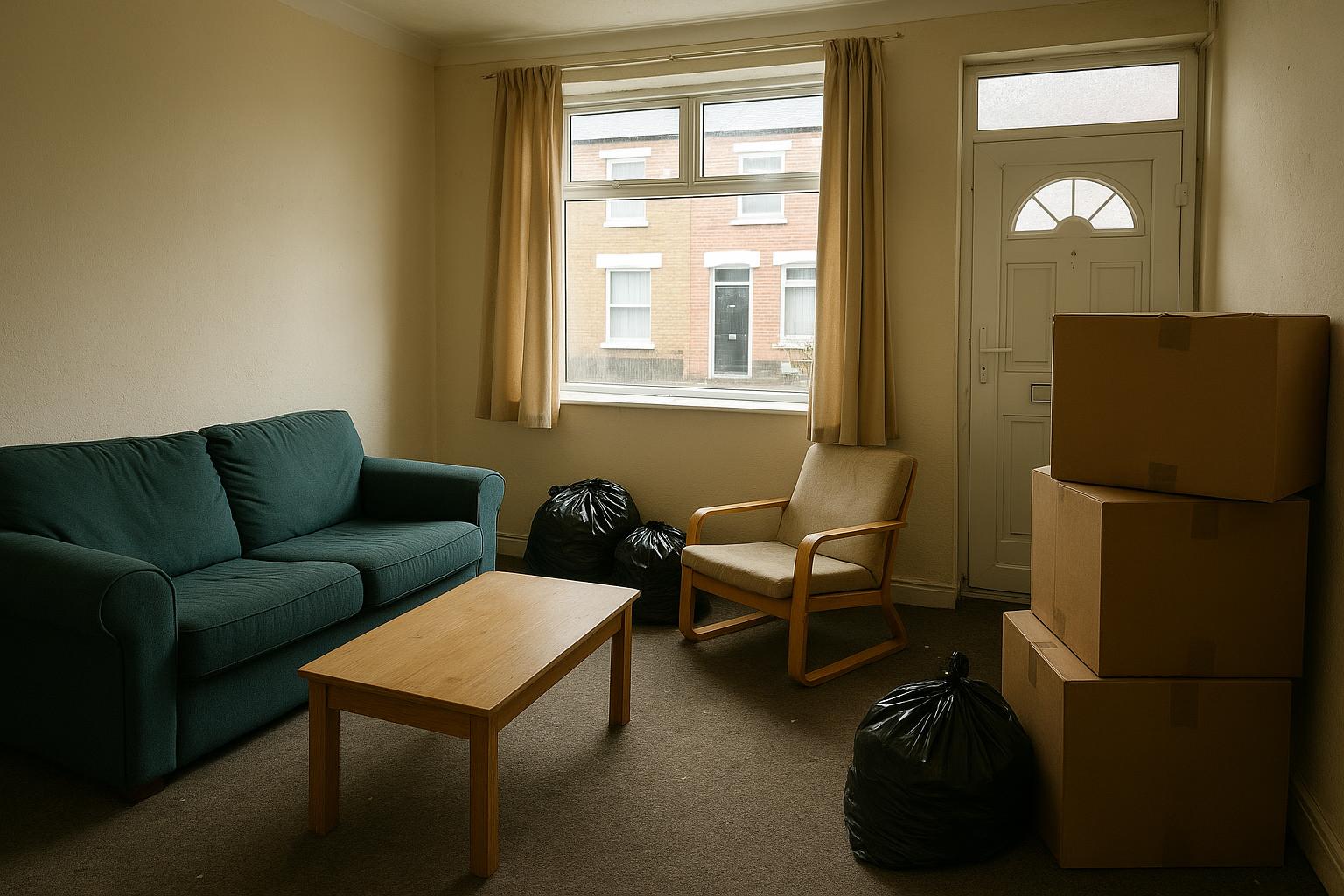 A shared student house living room at the end of tenancy with leftover furniture and moving boxes