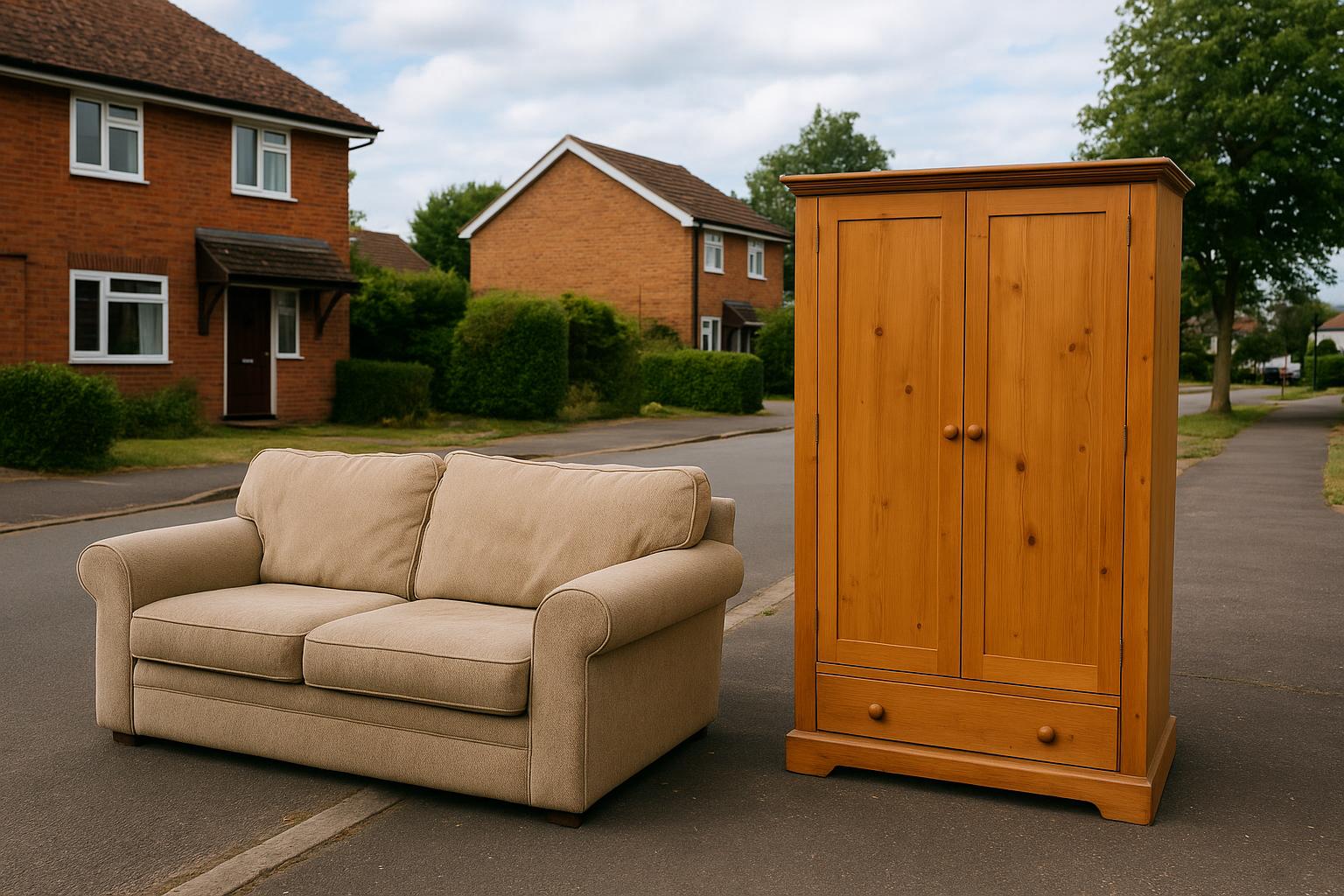 A sofa and a wardrobe left at the edge of a residential driveway ready for a council bulky waste collection