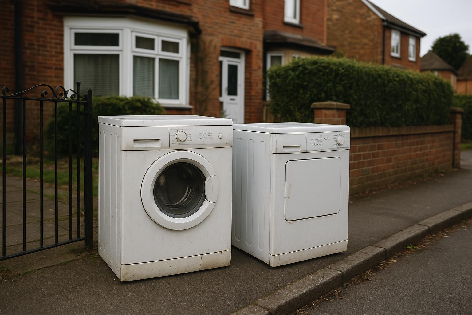 An old washing machine and tumble dryer left outside a front garden gate for bulky waste collection