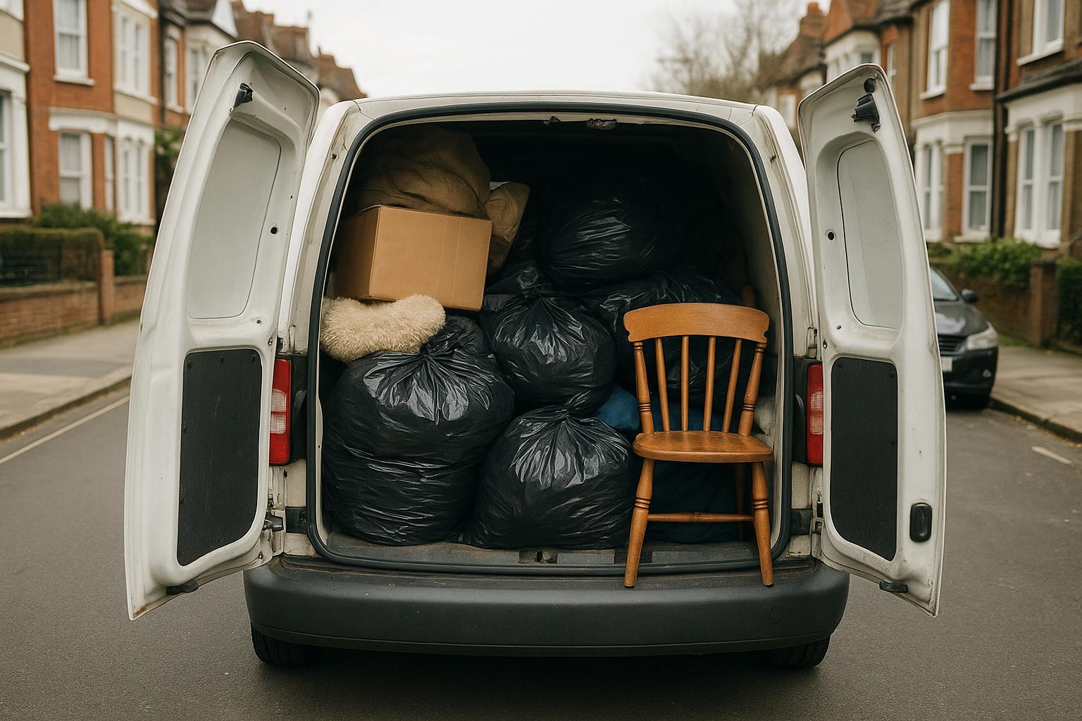 The open rear doors of a small van loaded with bin bags, a box and an old chair on a London street