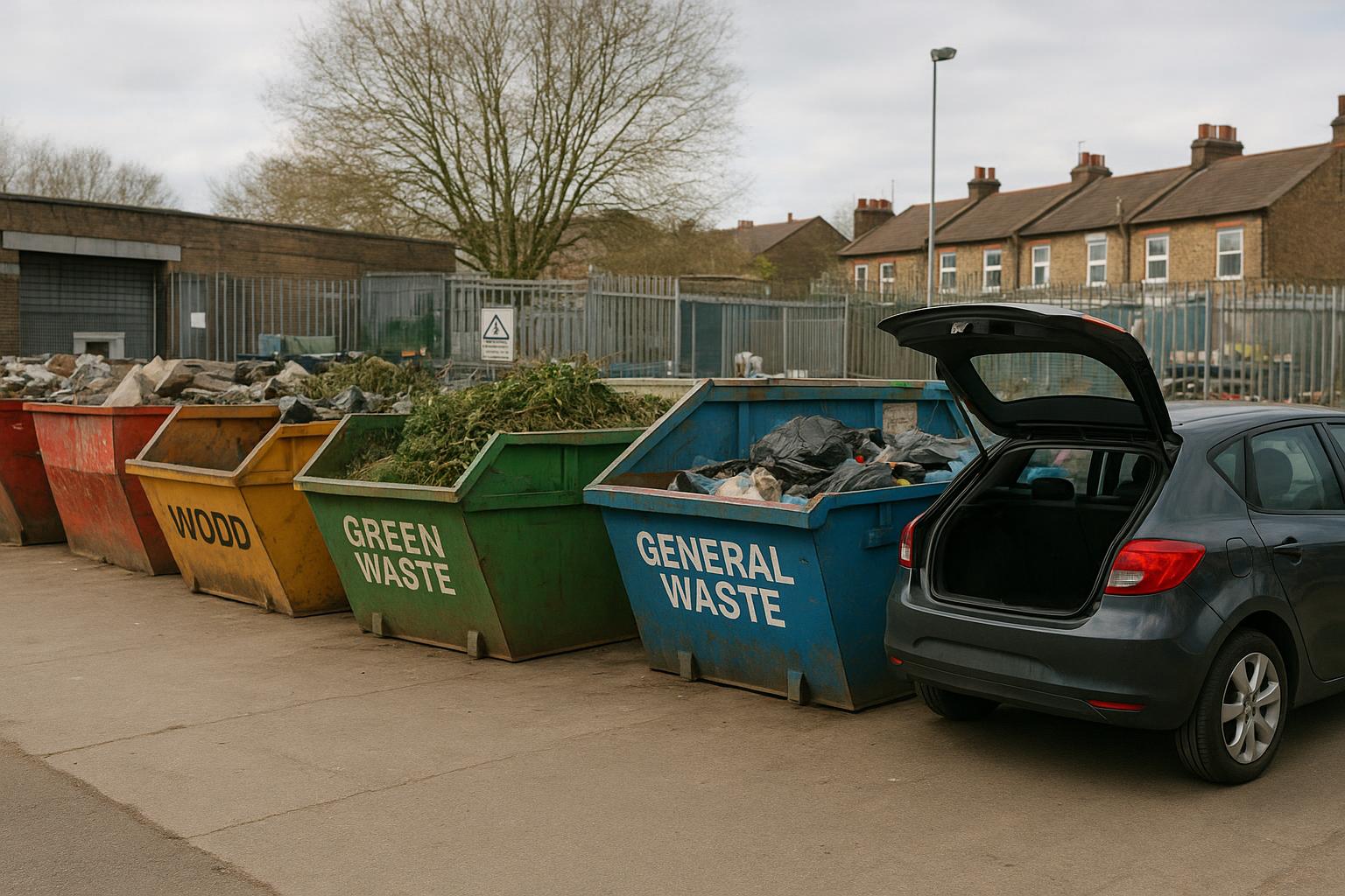 A household recycling centre with sorting skips for different waste types and a car with its boot open