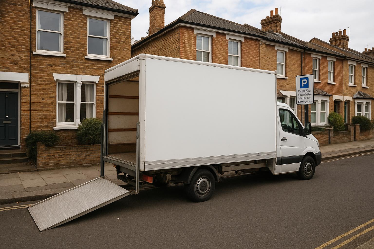 A removal van parked on a London residential street near a controlled parking bay sign, ramp down for loading