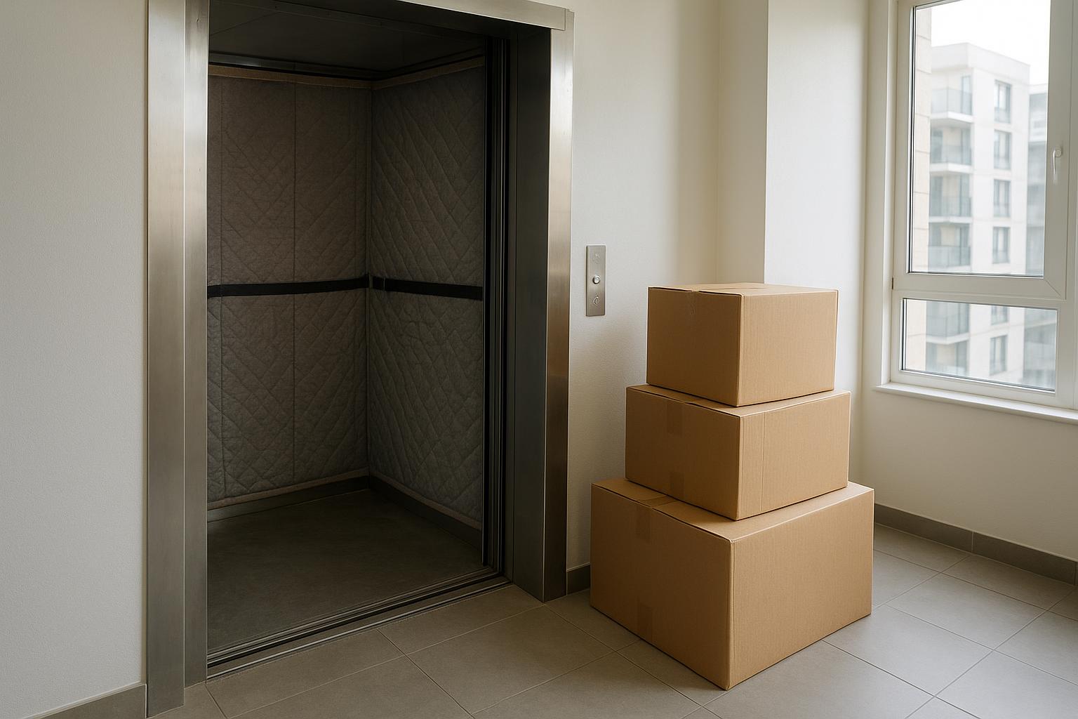 The interior of a goods lift in a London apartment block with protective wall padding and moving boxes waiting beside it