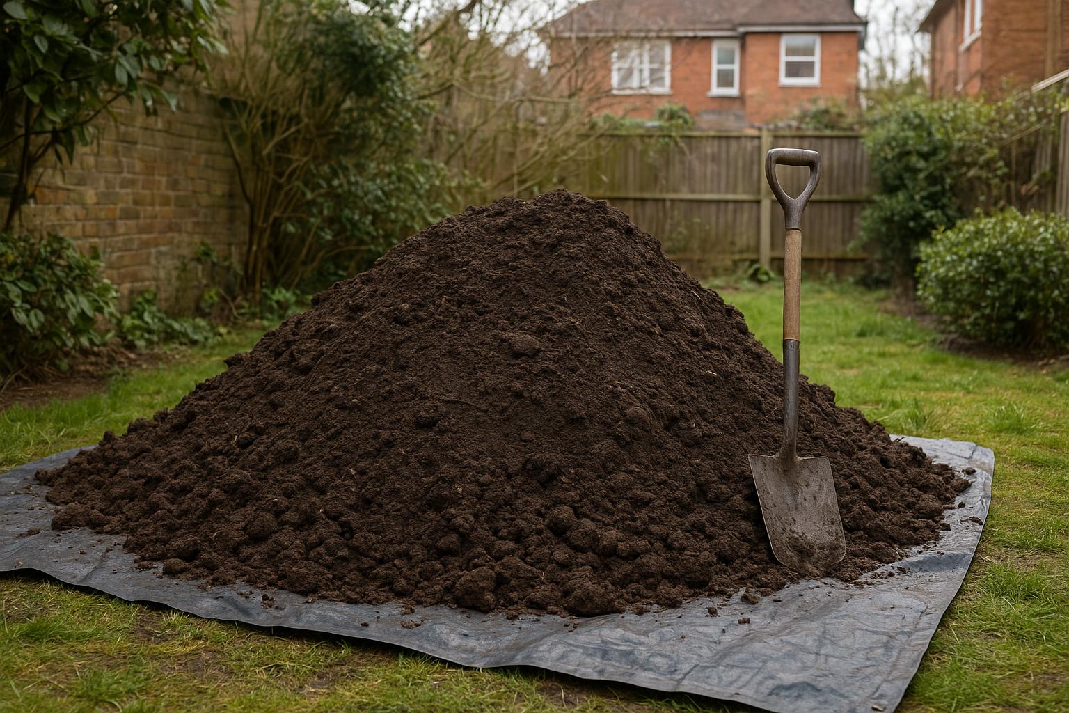 A large pile of excavated garden topsoil on a tarpaulin with a spade resting against it