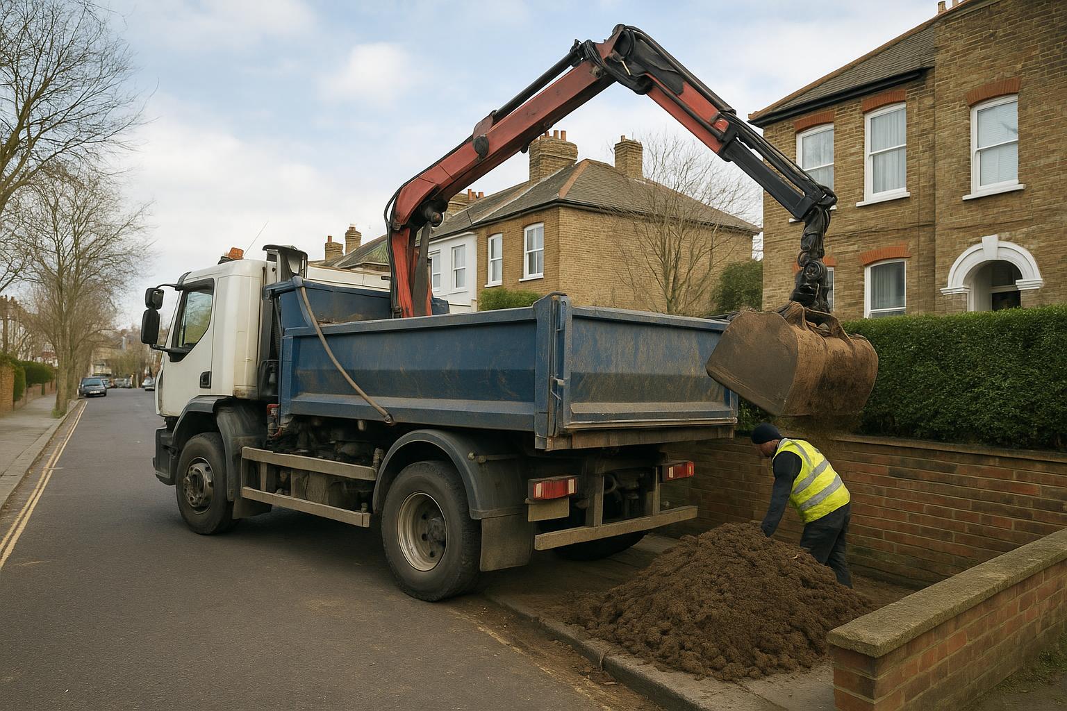 A grab lorry with its crane arm extended over a garden wall lifting loose soil from a driveway pile