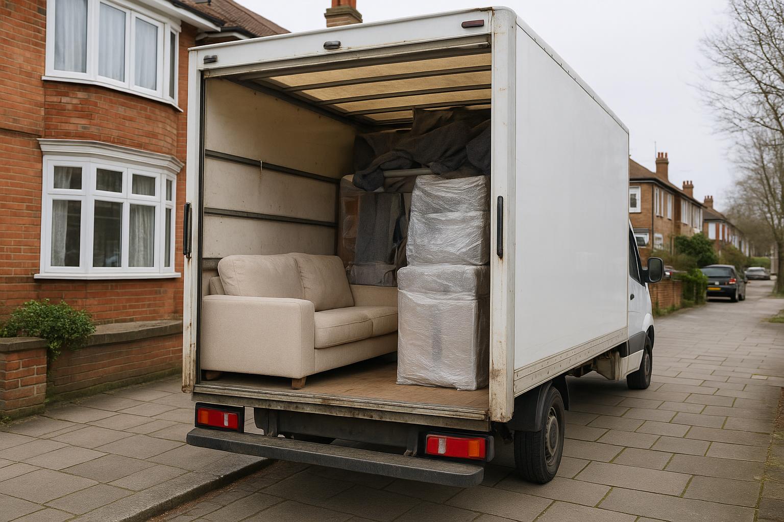 A loaded Luton van with furniture secured in the back, London driveway