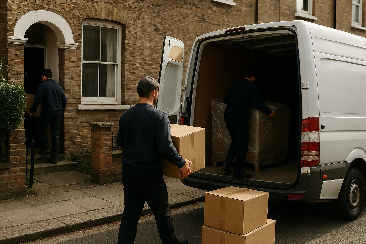 Boxes and wrapped furniture being carried out of a London house to a parked van