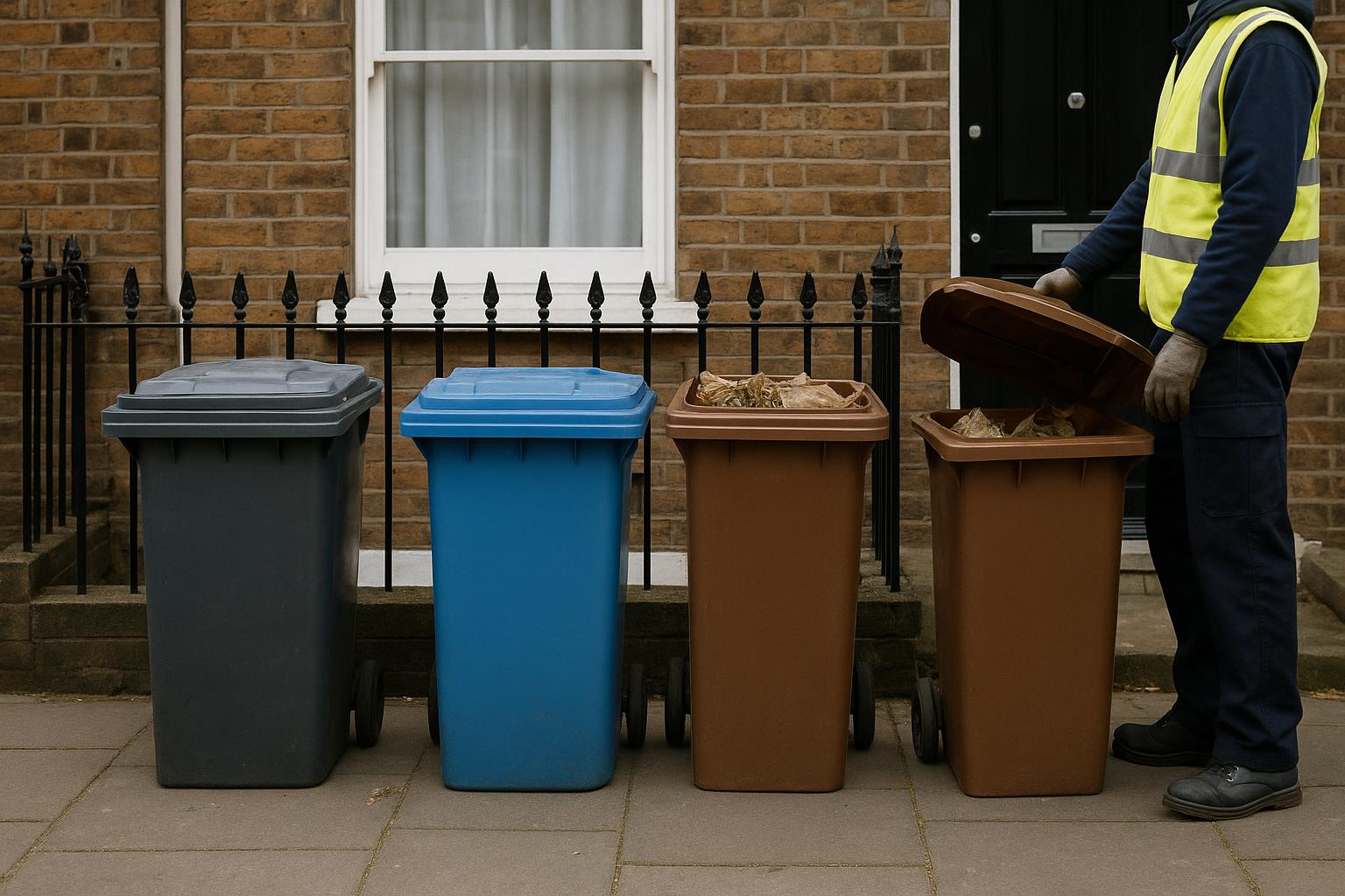 Wheelie bins and a brown garden waste bin lined up outside a London terraced house