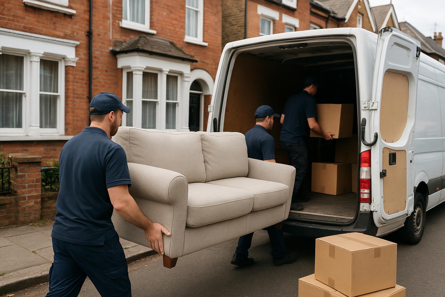 A licensed clearance crew loading furniture and bulky items into a van outside a London home