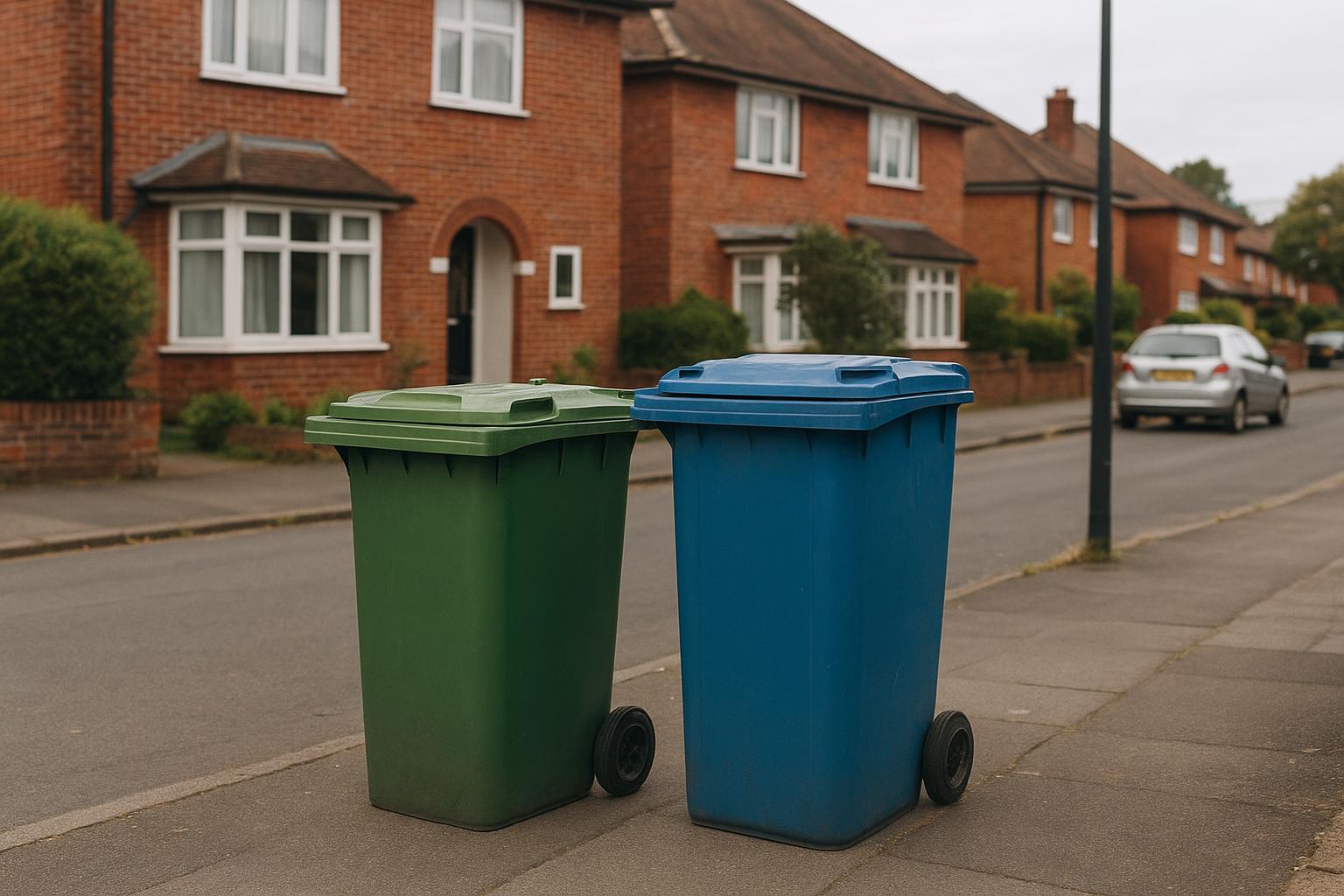 Wheelie bins for general waste and recycling outside a home in High Wycombe on collection day