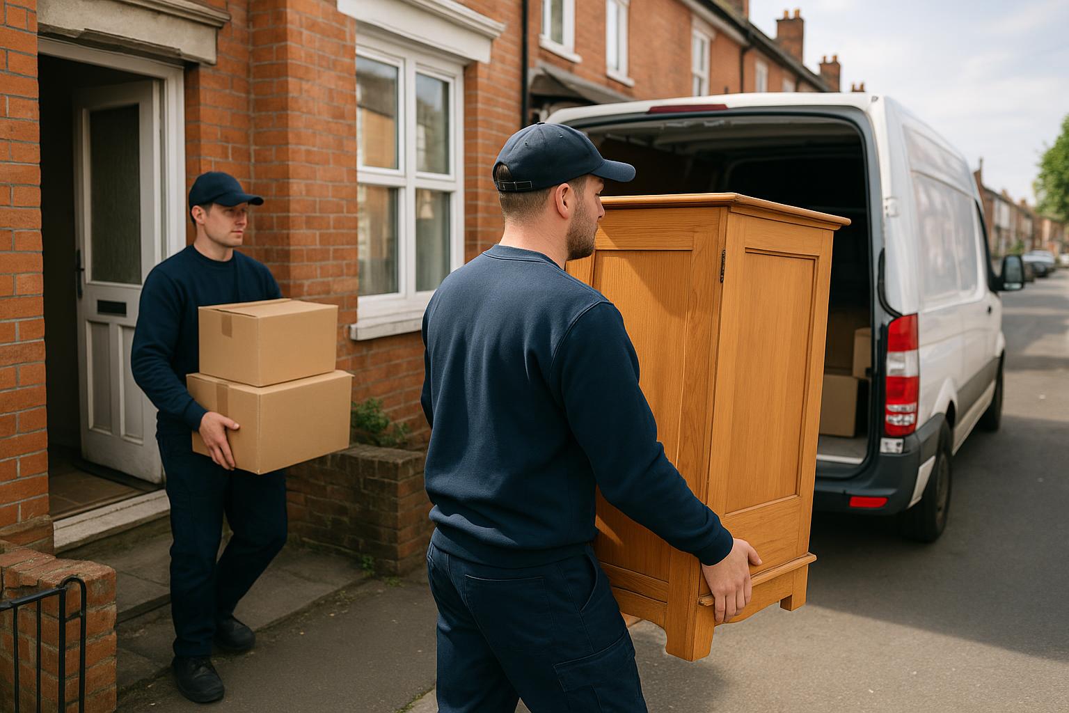 A licensed clearance crew carrying boxed items and a wardrobe out of a house to a van