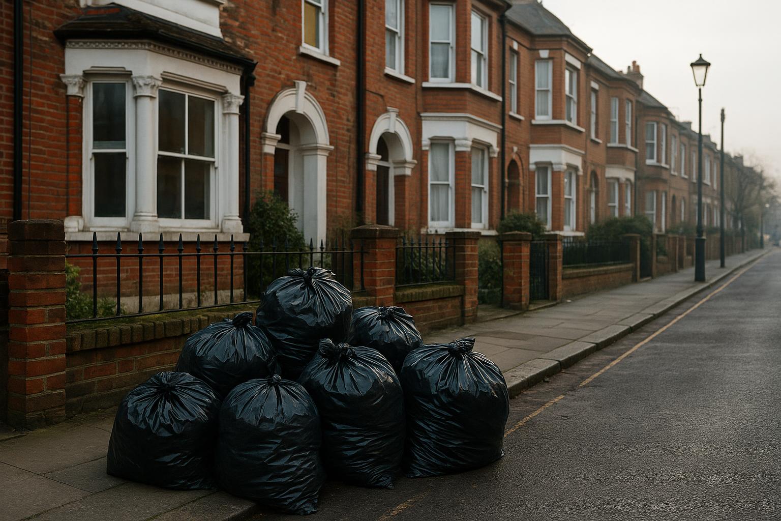 Tied black bin bags left at the front boundary of a London house for collection