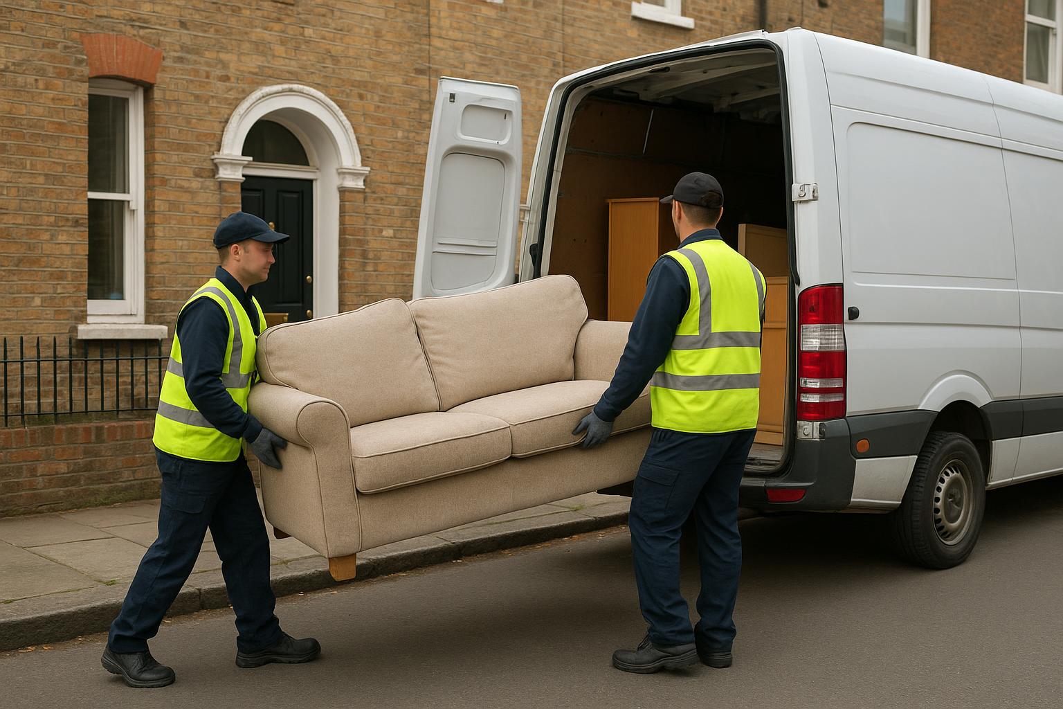 A licensed clearance crew loading a sofa and furniture into a van outside a house