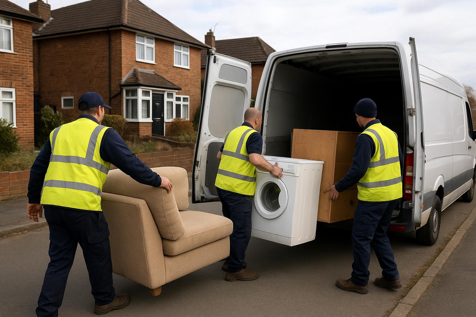 A licensed clearance crew loading furniture and white goods into a van outside a house