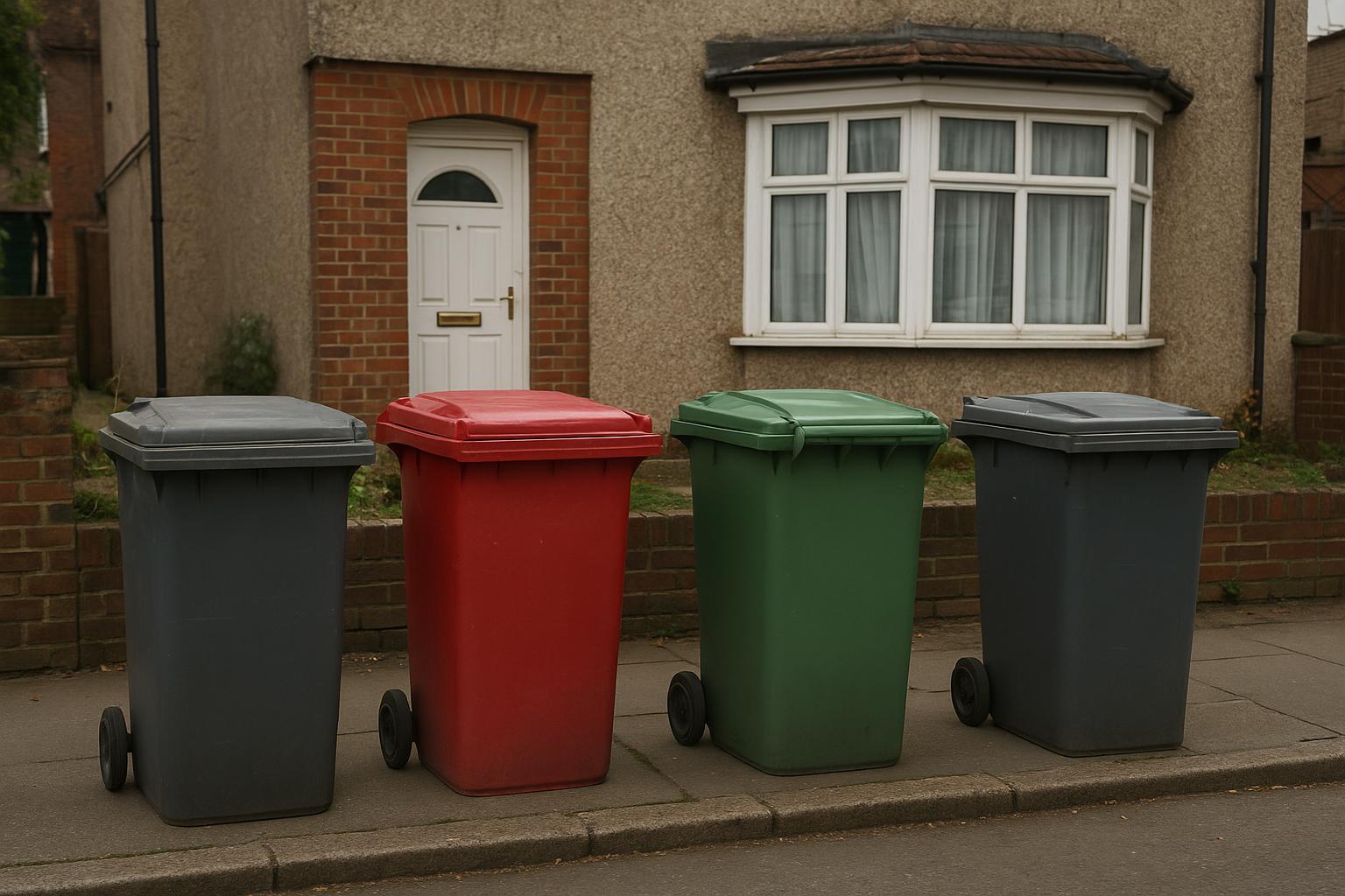 Grey, red and green wheelie bins outside a house in Slough on collection day