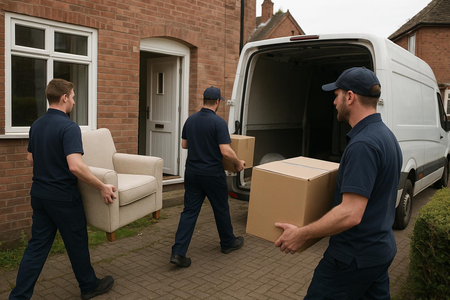 A licensed clearance crew carrying furniture and boxed items out of a house to a van