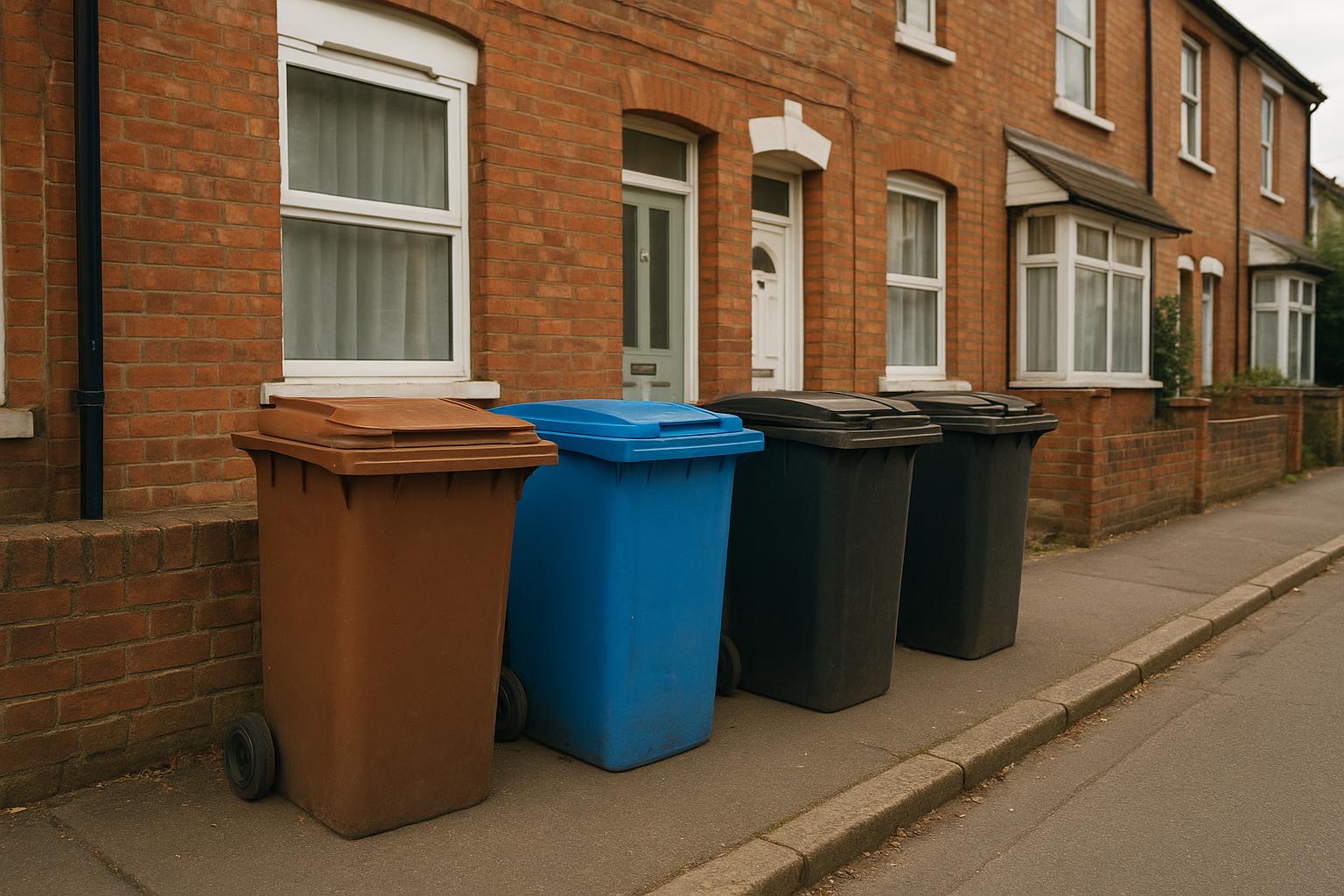 Brown, blue-lidded and black wheelie bins outside a house in Watford on collection day
